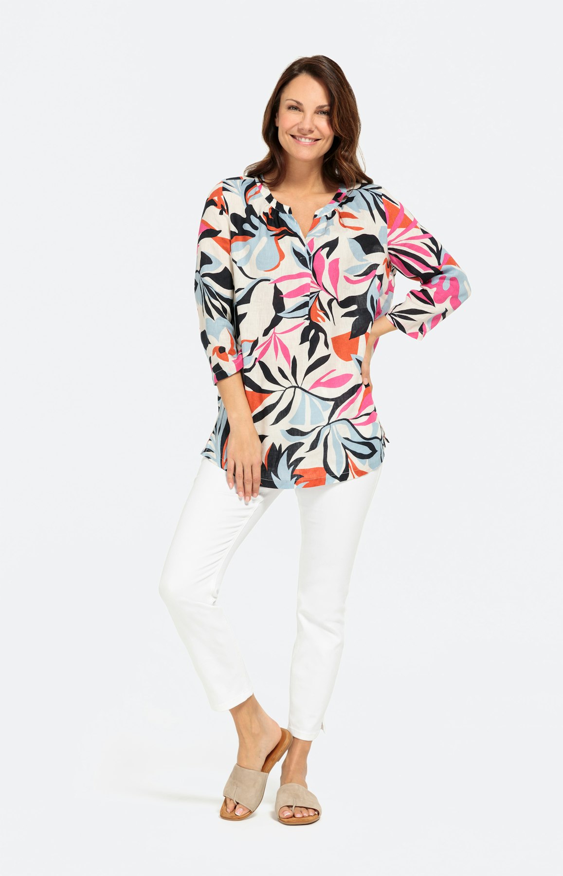 Florale Leinen-Tunika mit Rundhals