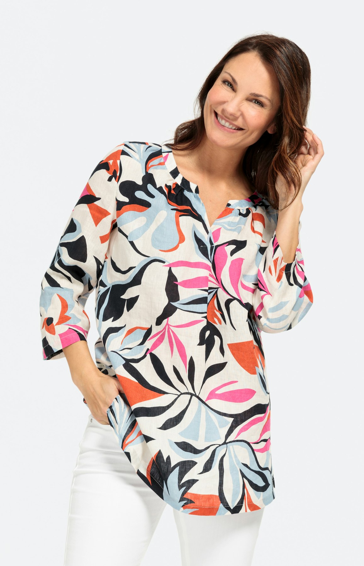 Florale Leinen-Tunika mit Rundhals