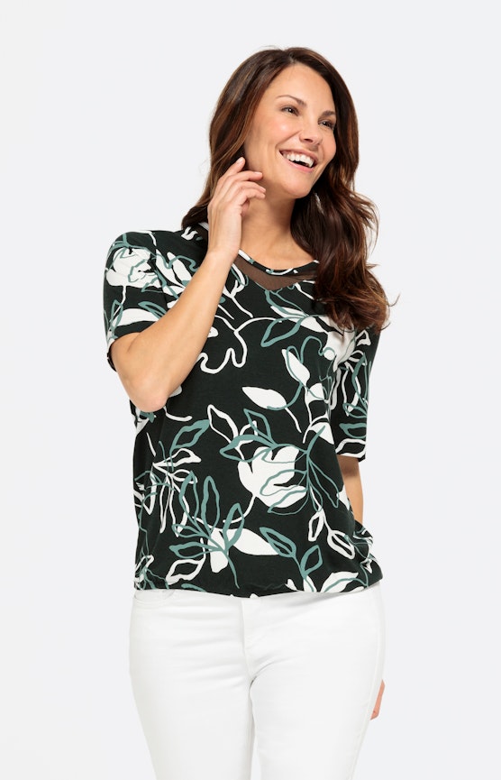 Florales Halbarm-Shirt mit V-Ausschnitt
