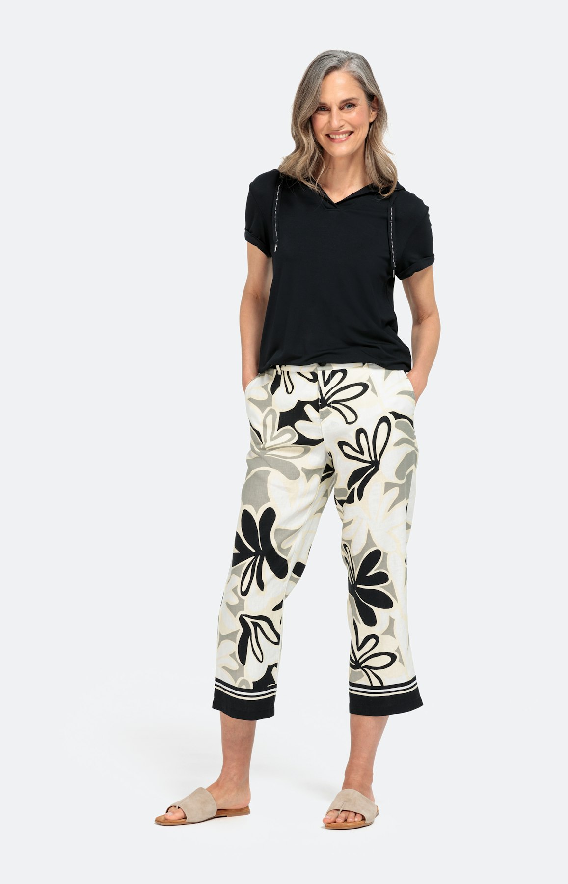 Leinen-Culotte mit Blätter-Dessin