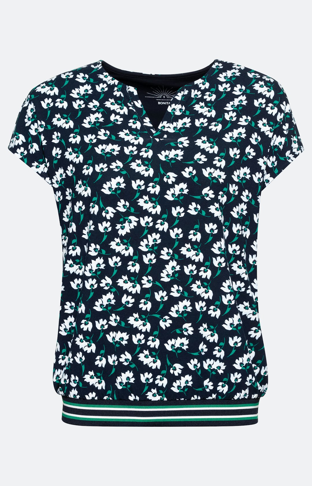 Kurzärmliges Shirt mit gestreiftem Elastiksaum und Print – Bonita