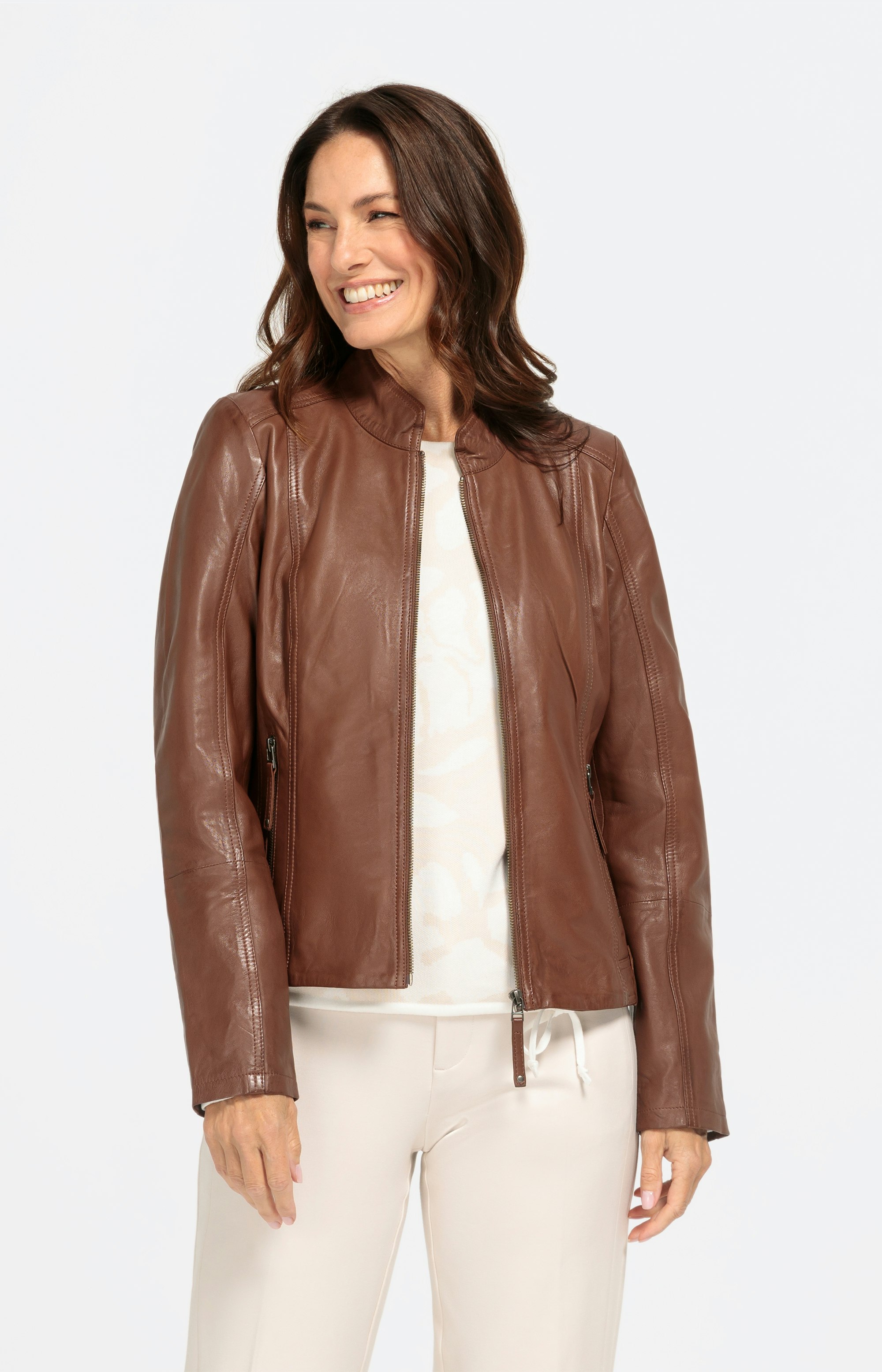 Jacke aus echtem Leder mit Stehkragen und Zipper – Bonita