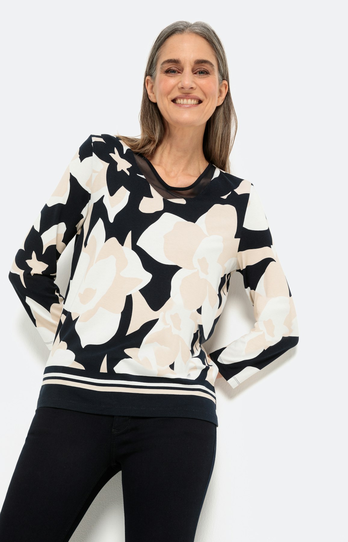 Shirt met print, meshinzet en 3/4-mouwen