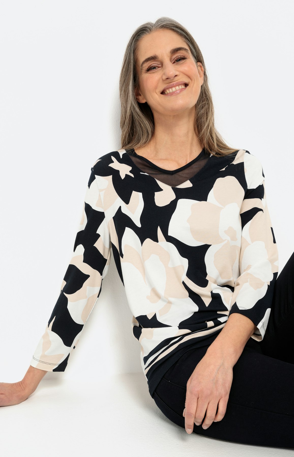 Shirt met print, meshinzet en 3/4-mouwen