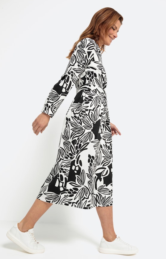 Midi-jurk met all-over print en riem