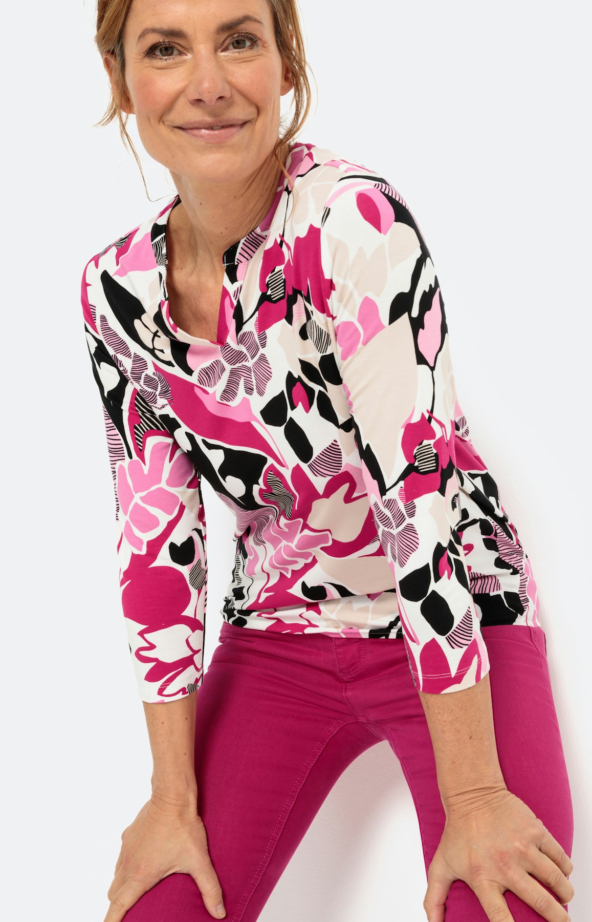 Shirt mit Blätterprint und 3/4-Ärmel