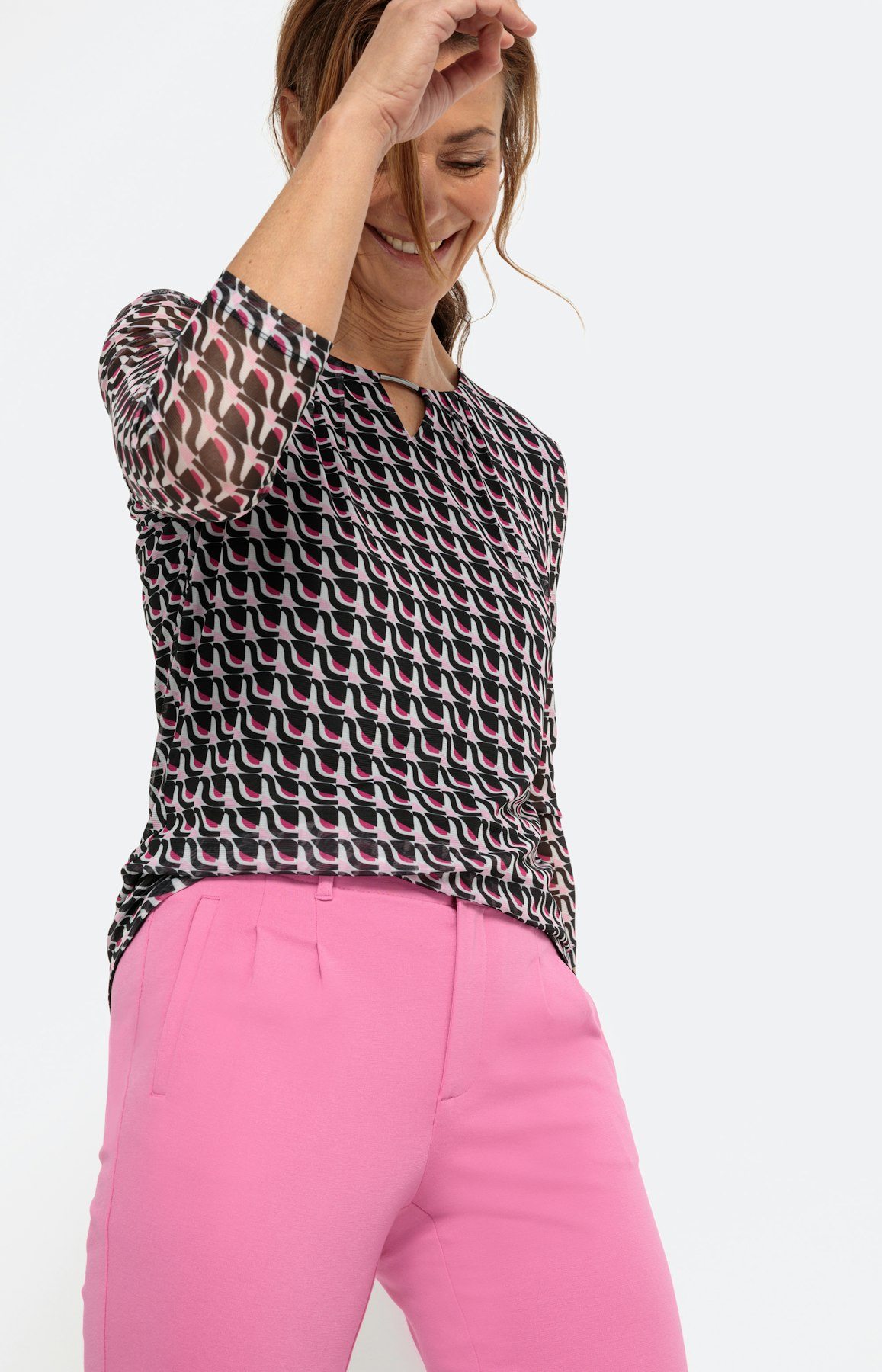 Mesh-shirt met print en 3/4-mouwen
