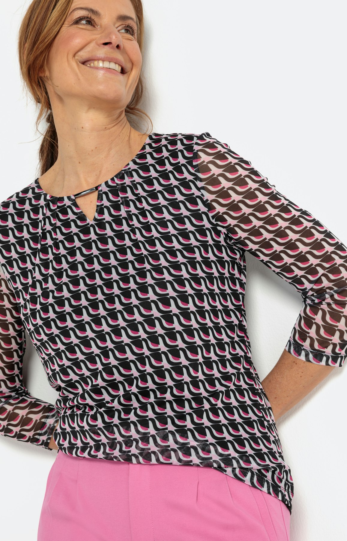 Mesh-shirt met print en 3/4-mouwen