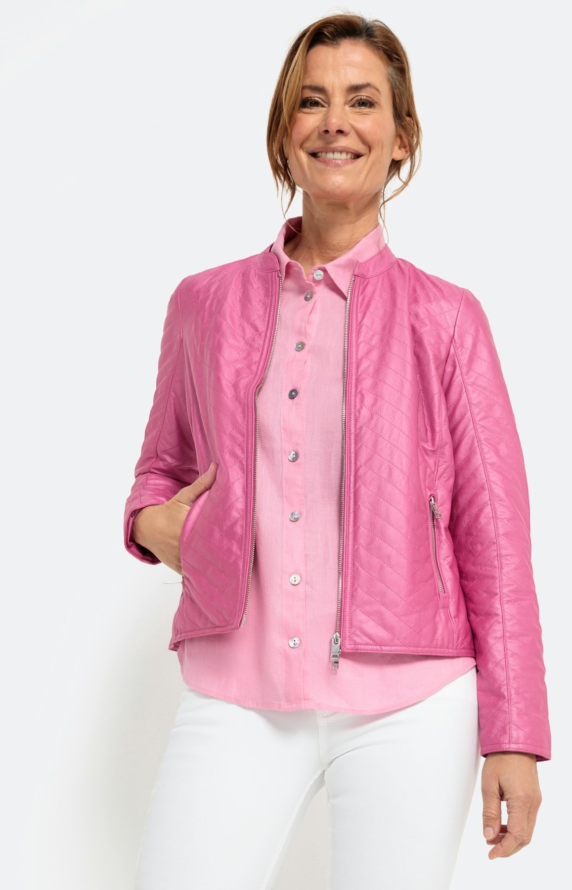 Padded jas in lederen optiek, pink