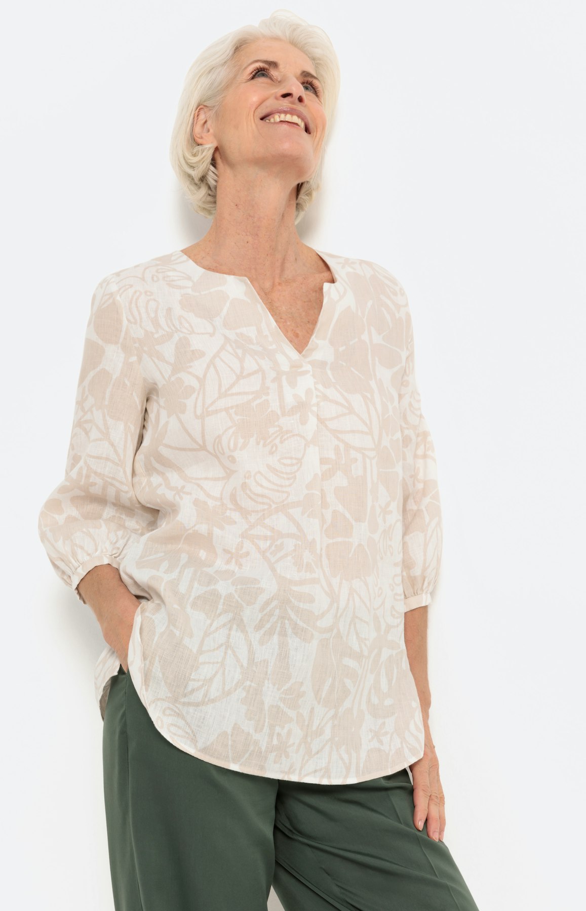 Gemusterte Leinenbluse mit 3/4-Ärmel