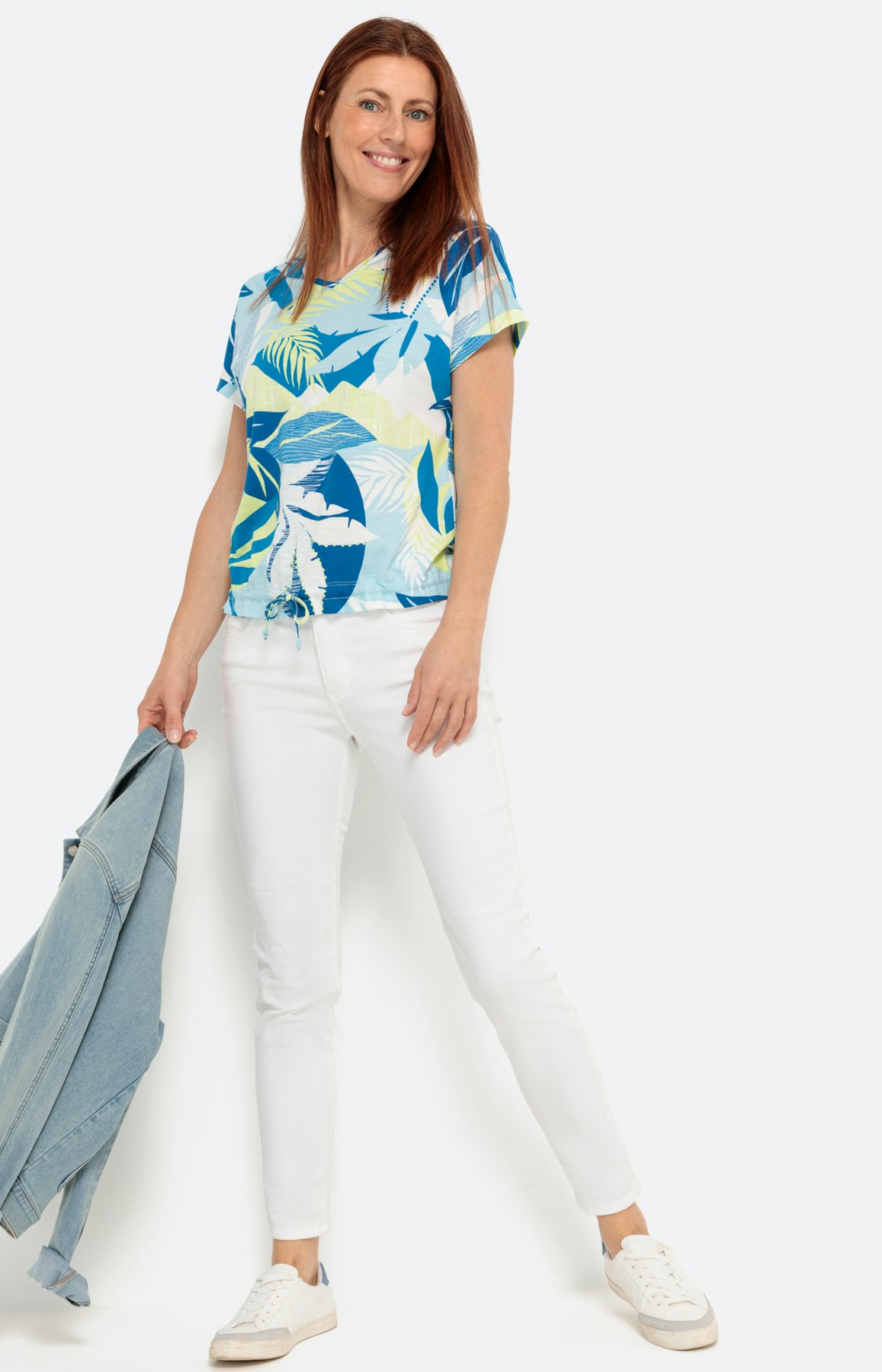 T-Shirt mit Blätterprint, türkis