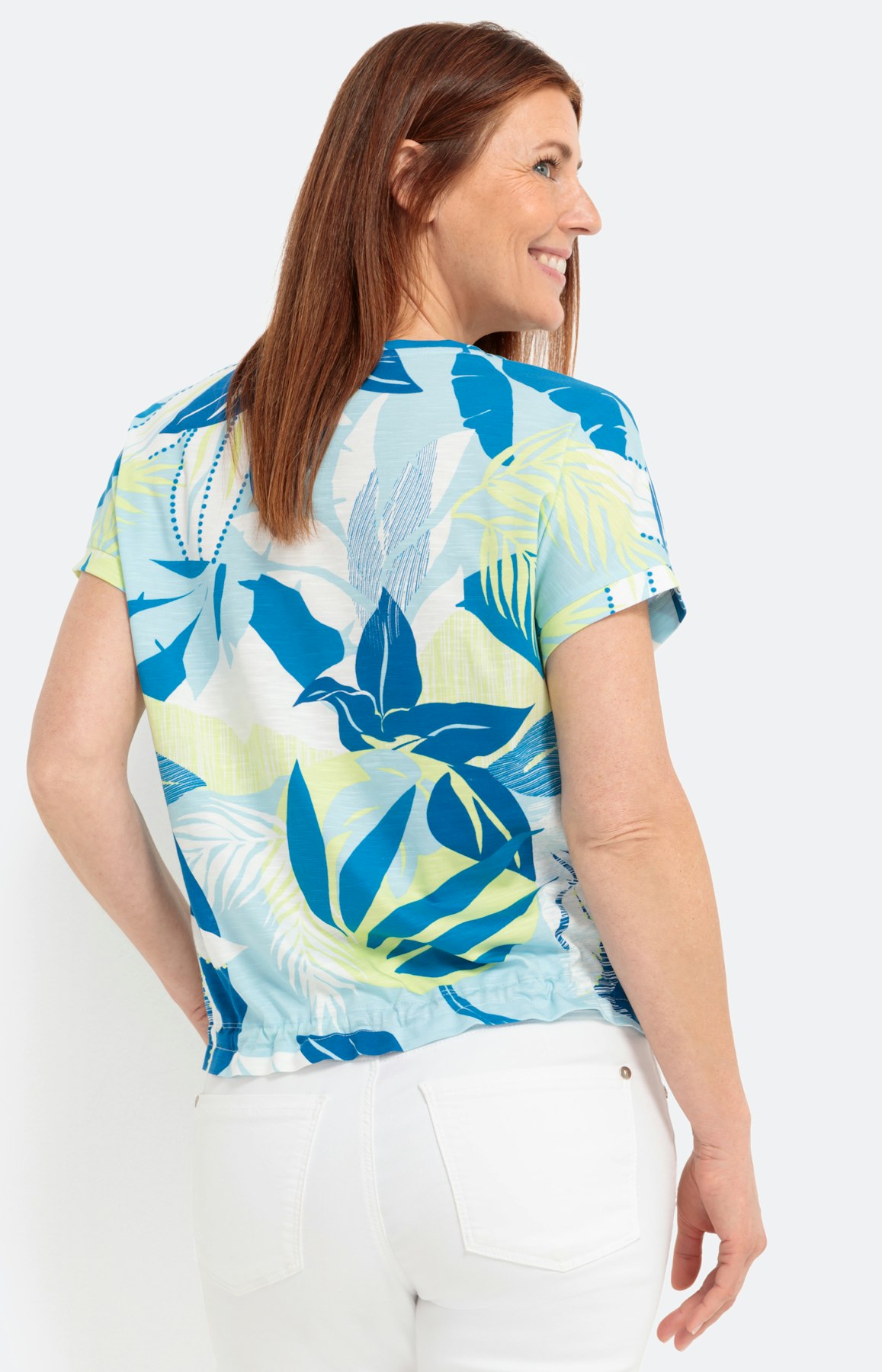 T-Shirt mit Blätterprint, türkis