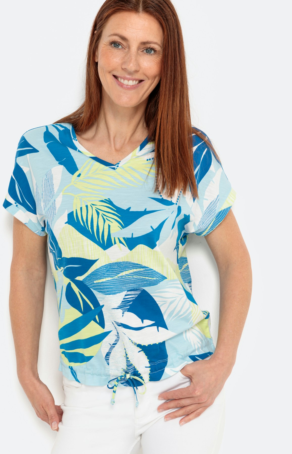 T-Shirt mit Blätterprint, türkis