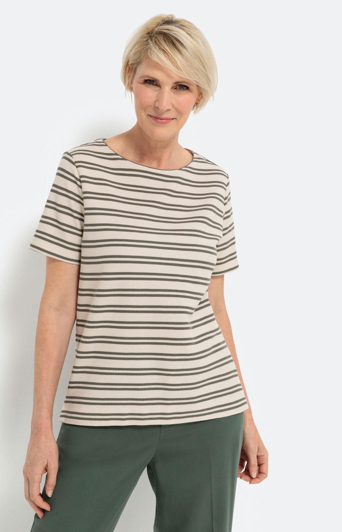 T-shirt met streepen, khaki - wit