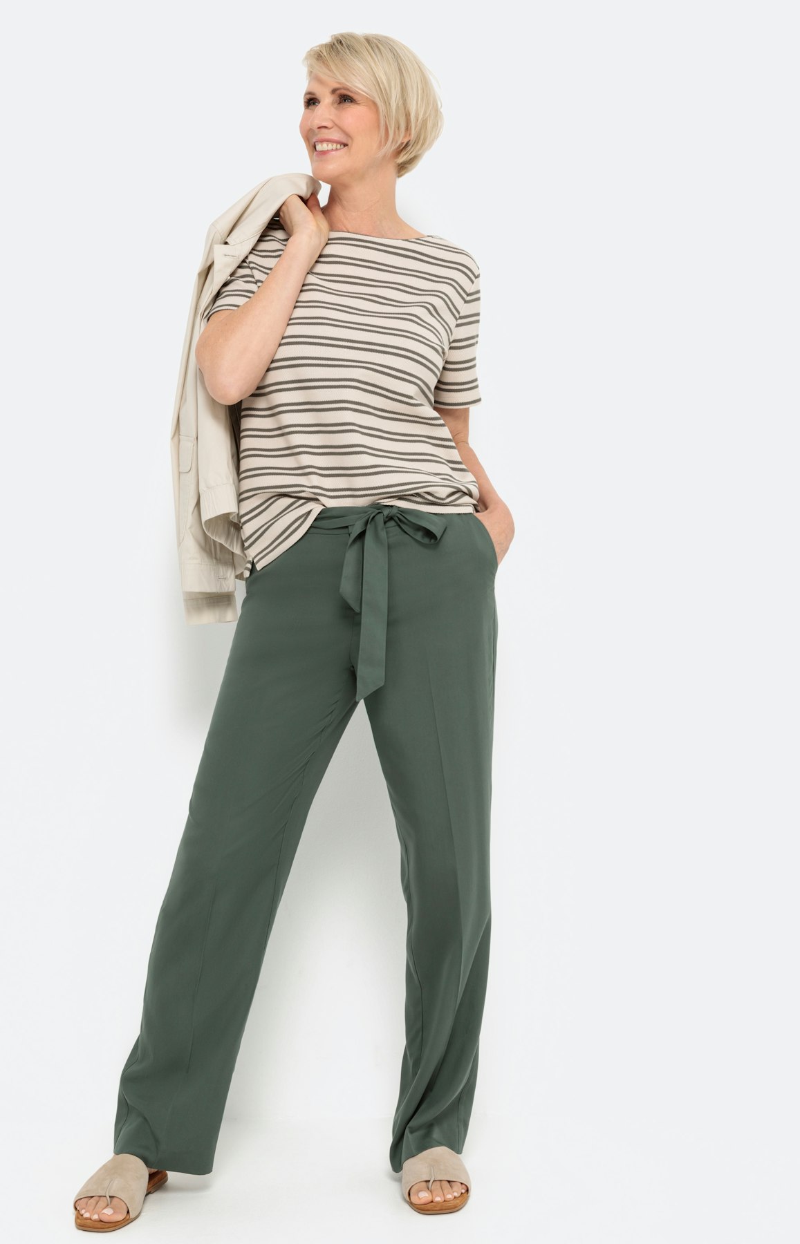 T-shirt met streepen, khaki - wit