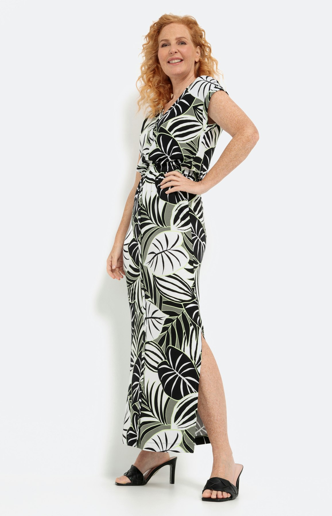 Viscose stretch maxi-jurk, bladerenprint