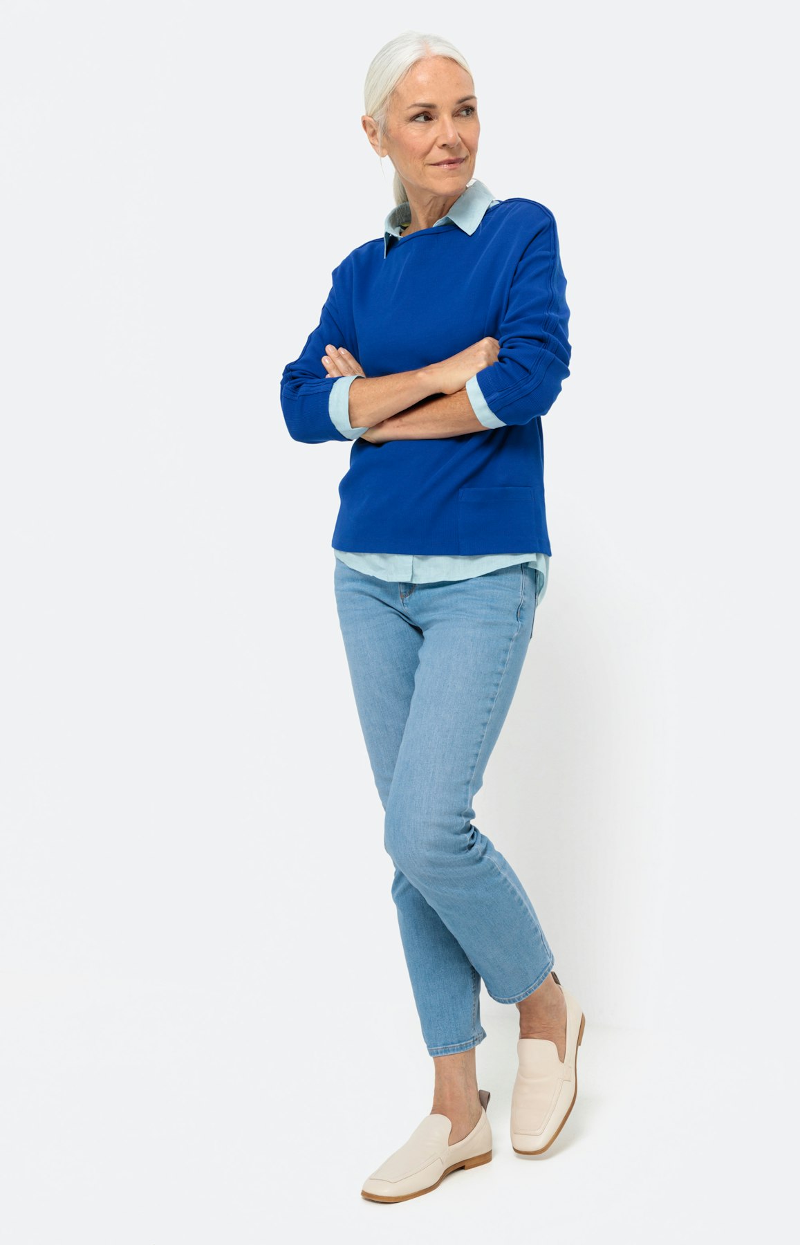 Geripptes Sweatshirt mit 3/4-Ärmel