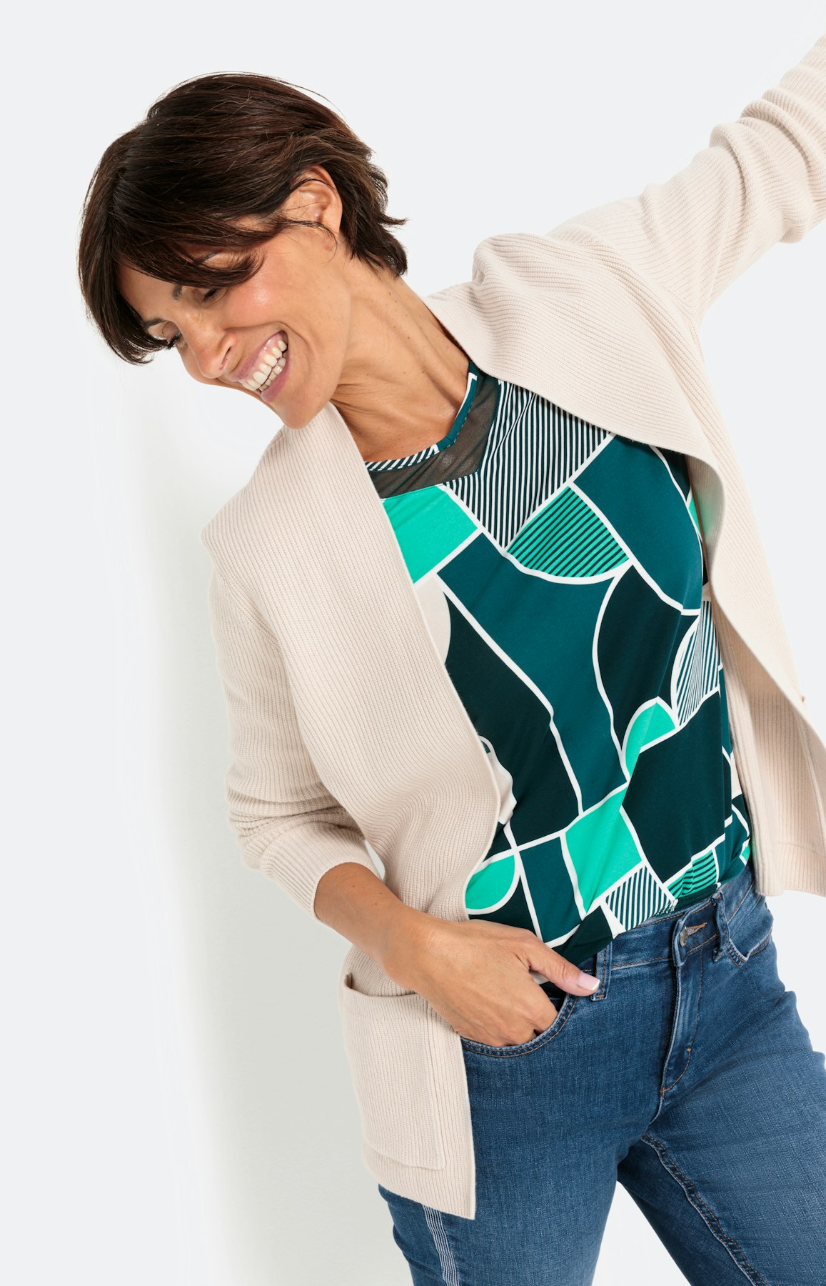 Shirt met print, 3/4-mouwen en meshinzet