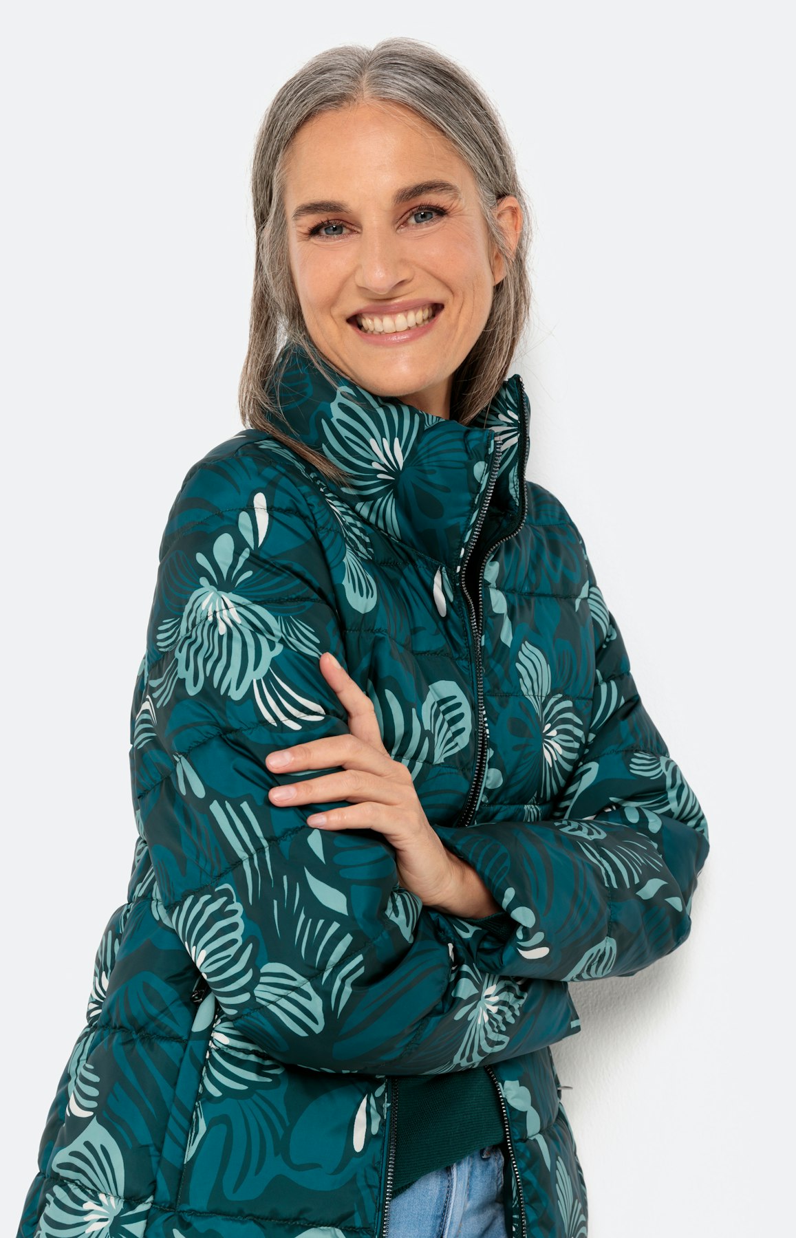 Steppjacke mit Blumenmotiv, dunkelgrün