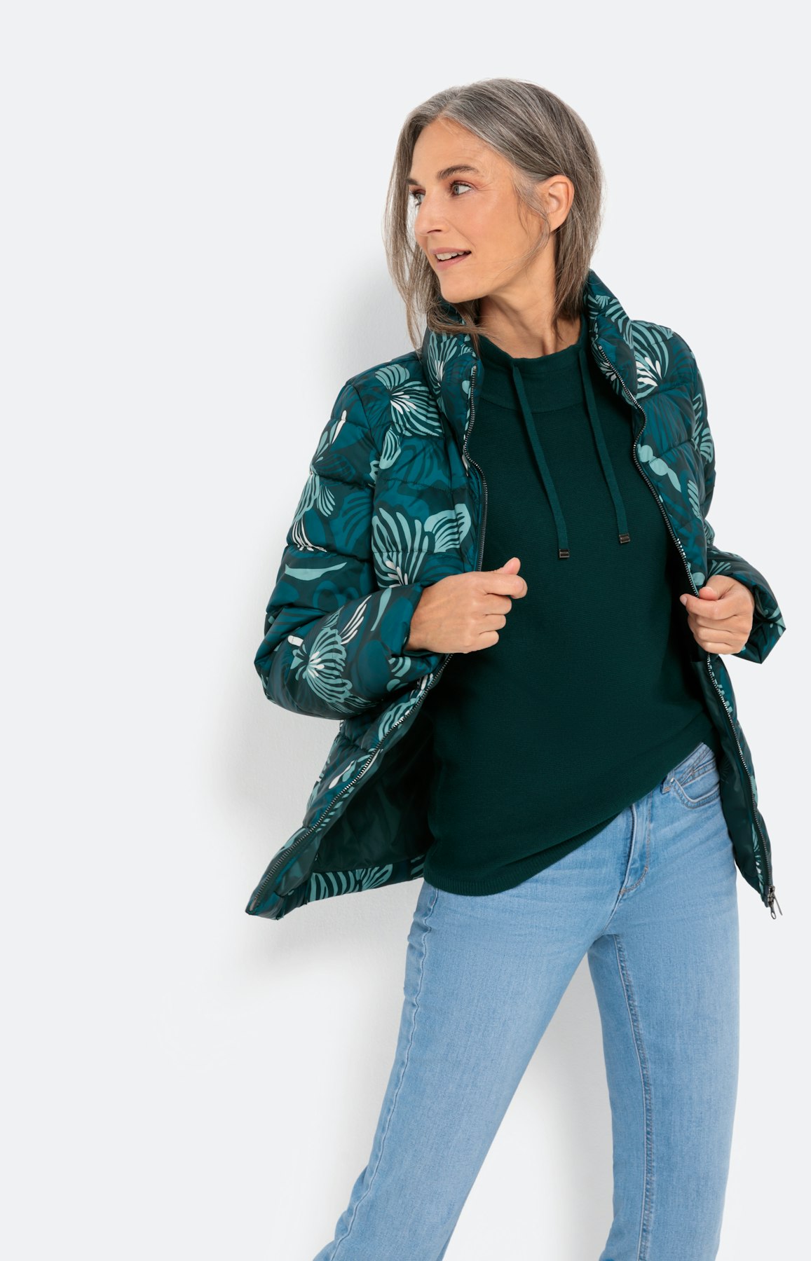 Steppjacke mit Blumenmotiv, dunkelgrün