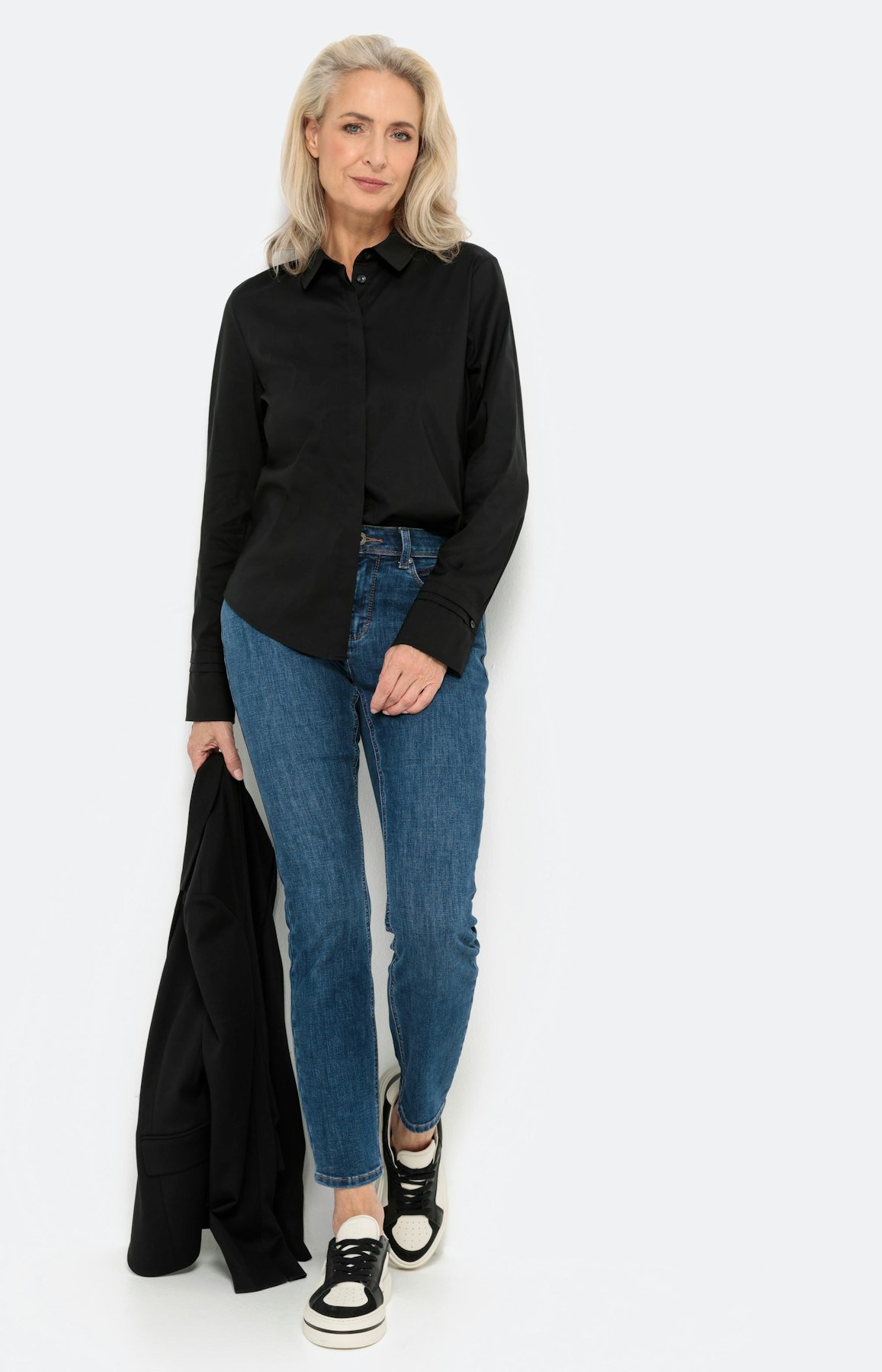 Basic stretch overhemd blouse, zwart