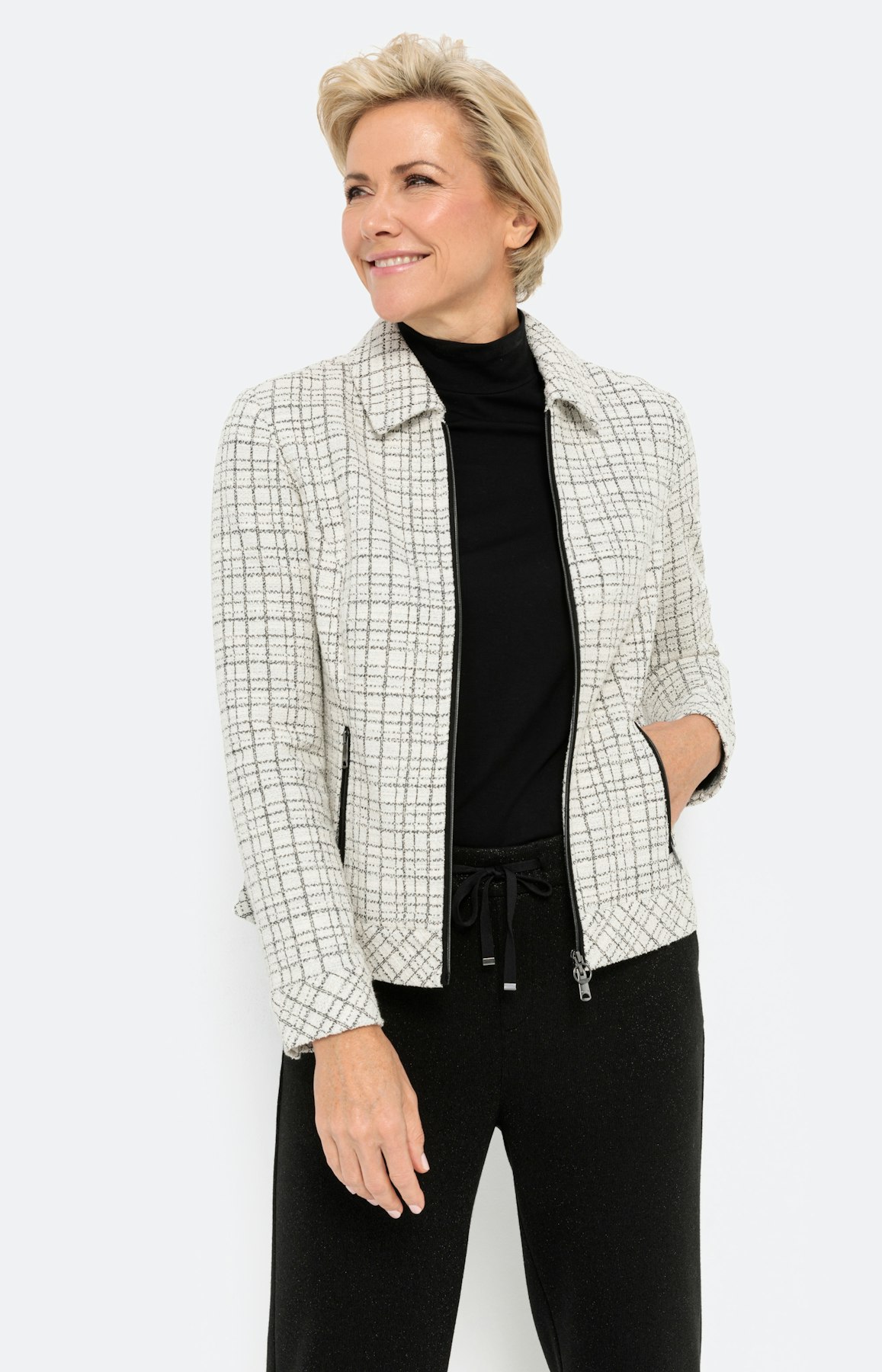 Bouclé-Blazer, wit zwart geruit