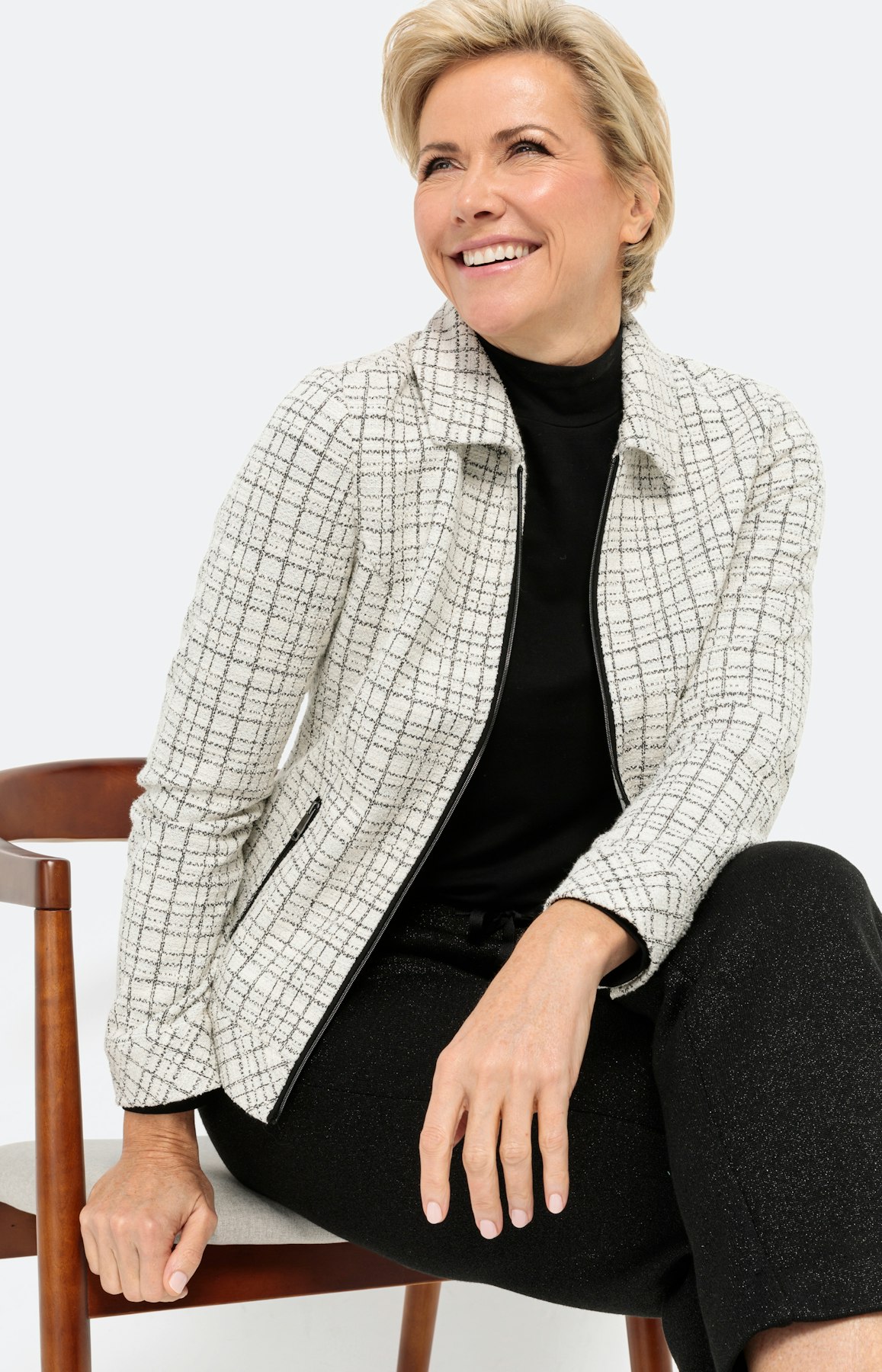 Bouclé-Blazer, wit zwart geruit