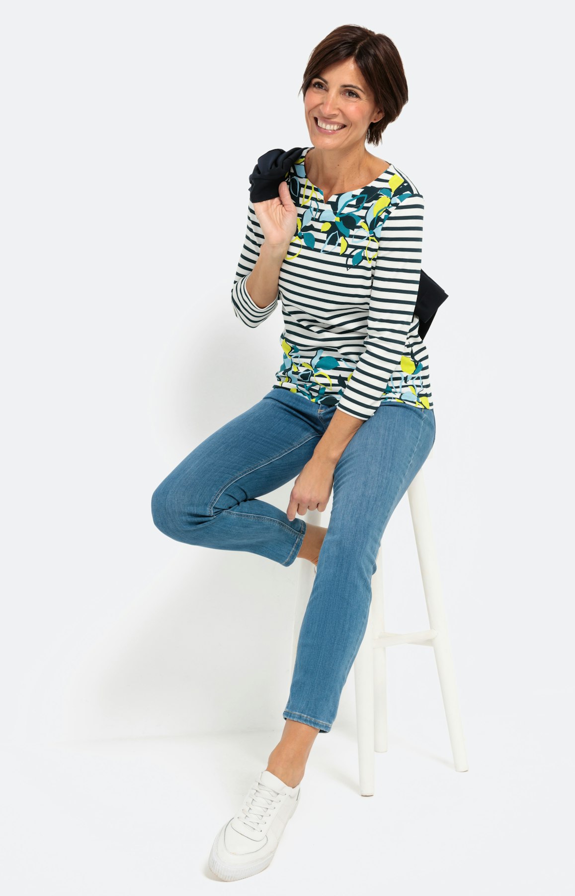 Gemustertes Ripp-Shirt mit 3/4-Arm