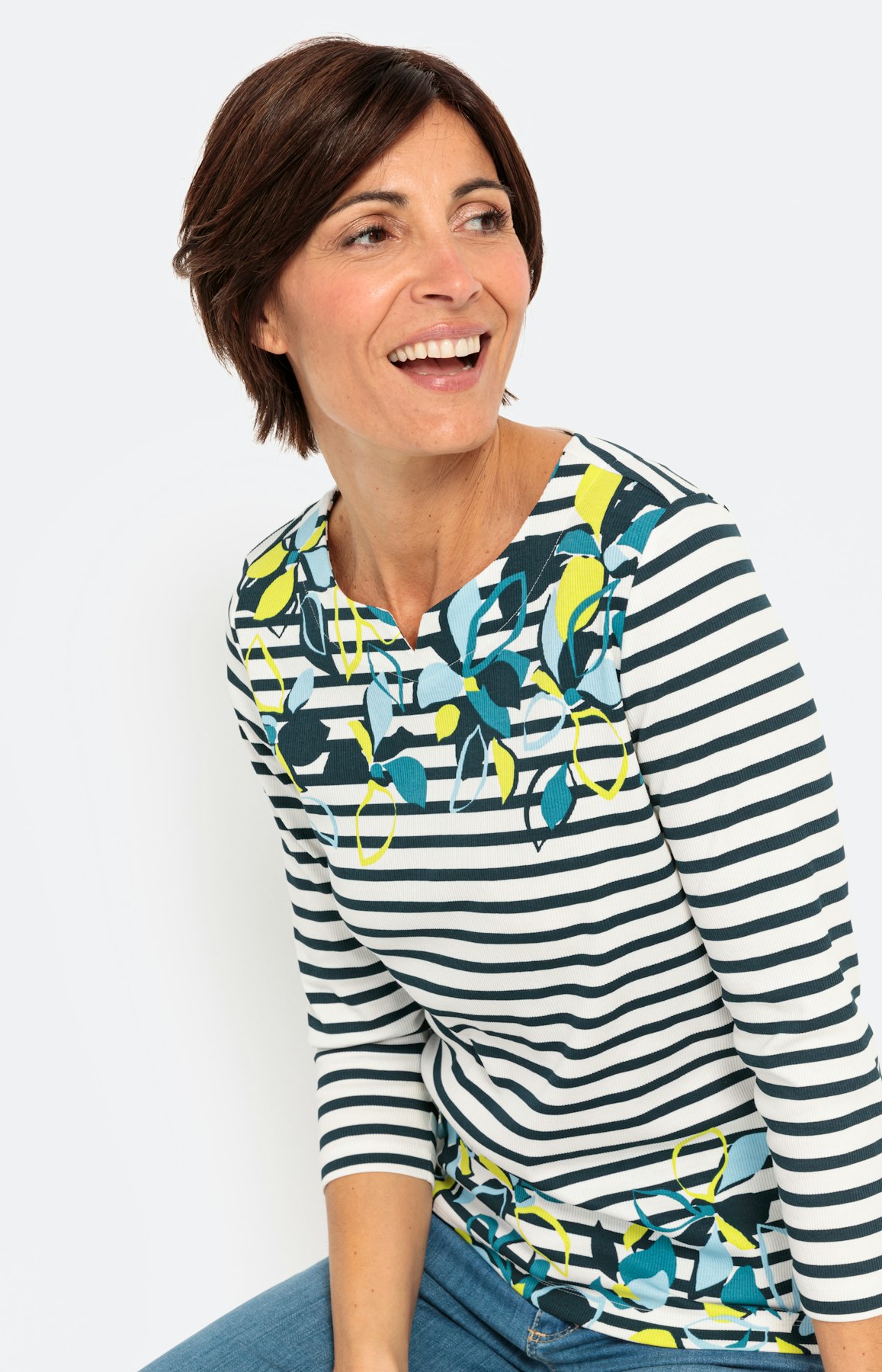 Gemustertes Ripp-Shirt mit 3/4-Arm