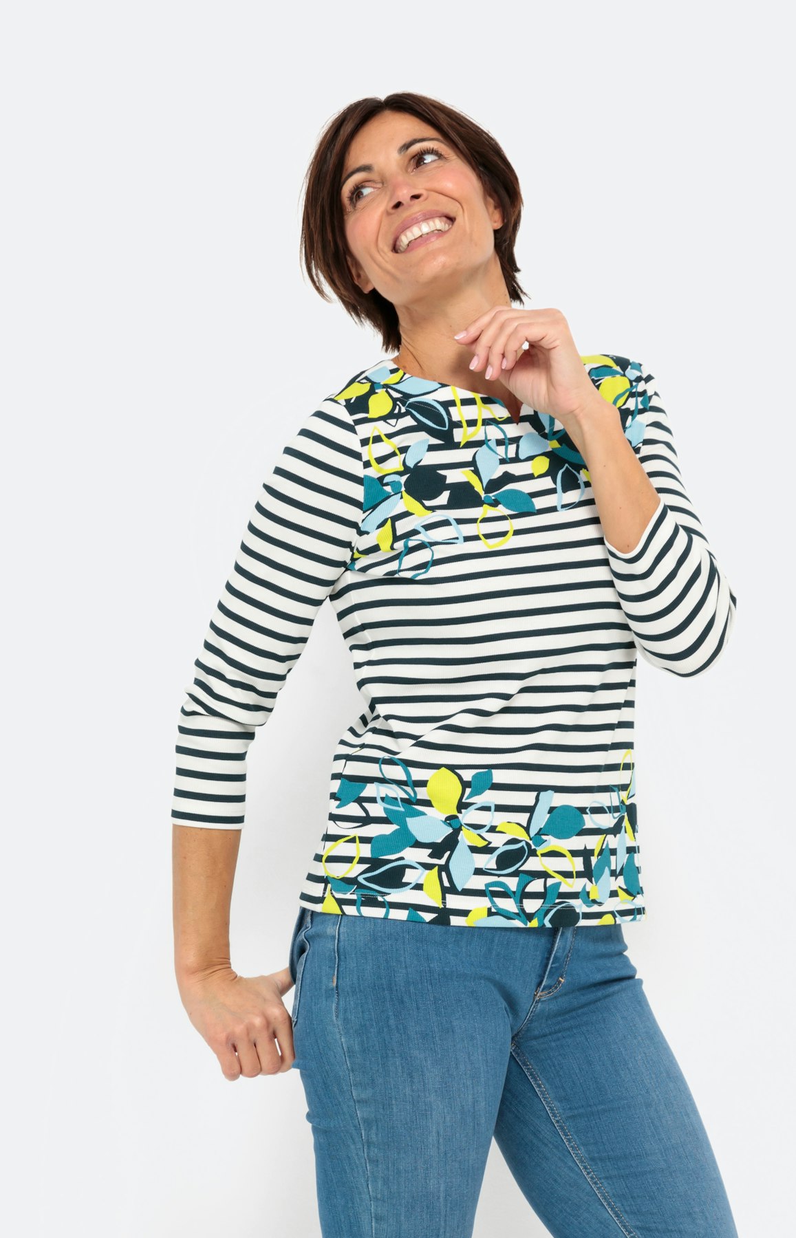 Gemustertes Ripp-Shirt mit 3/4-Arm