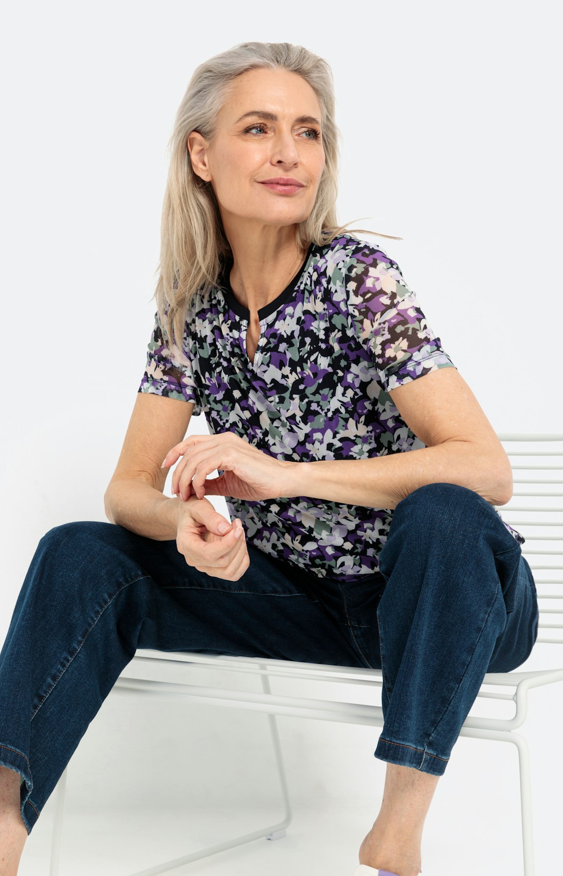 Mesh-T-Shirt im Millefleurs-Design