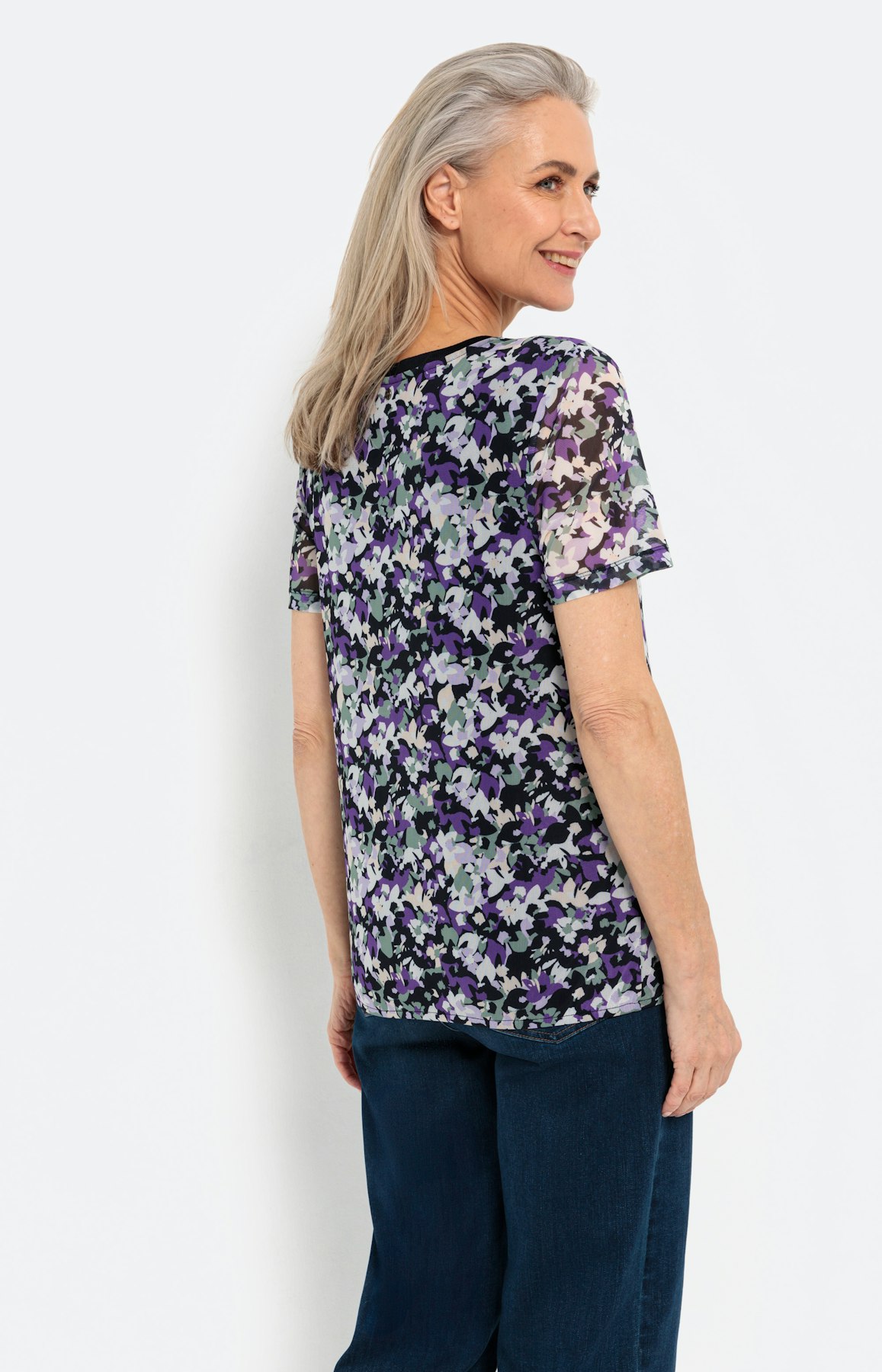 Mesh-T-Shirt im Millefleurs-Design