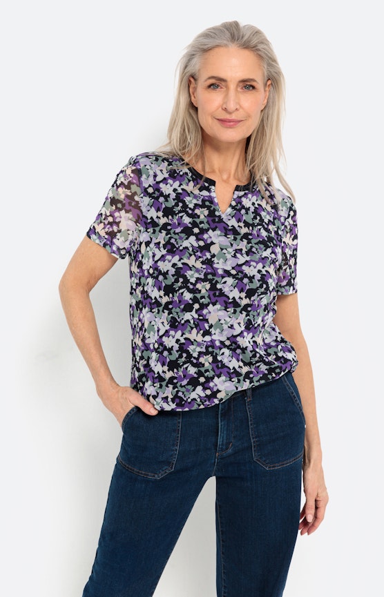 T-shirt van mesh in millefleurs-design