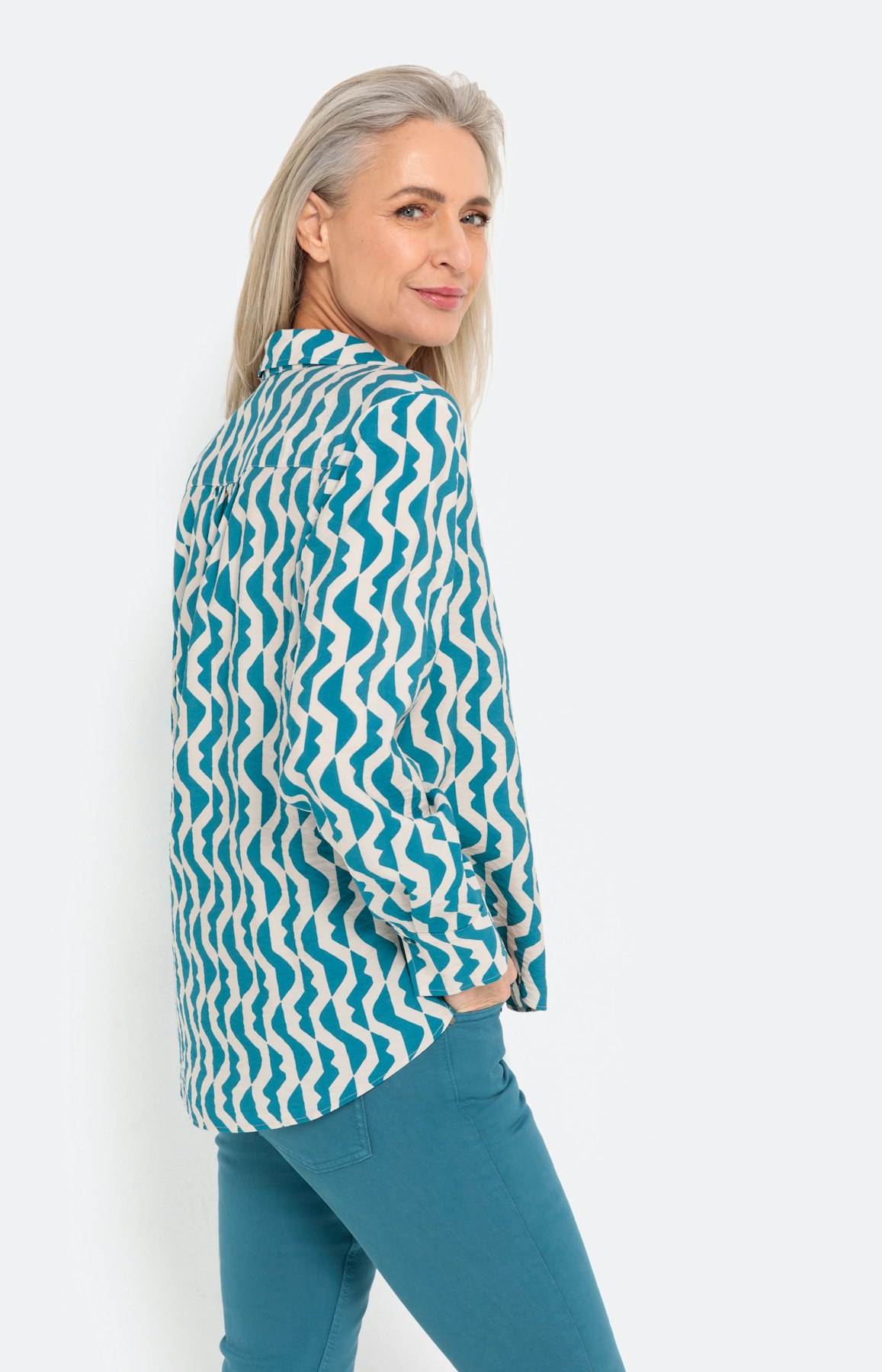 Overhemd blouse met print, turquoise wit