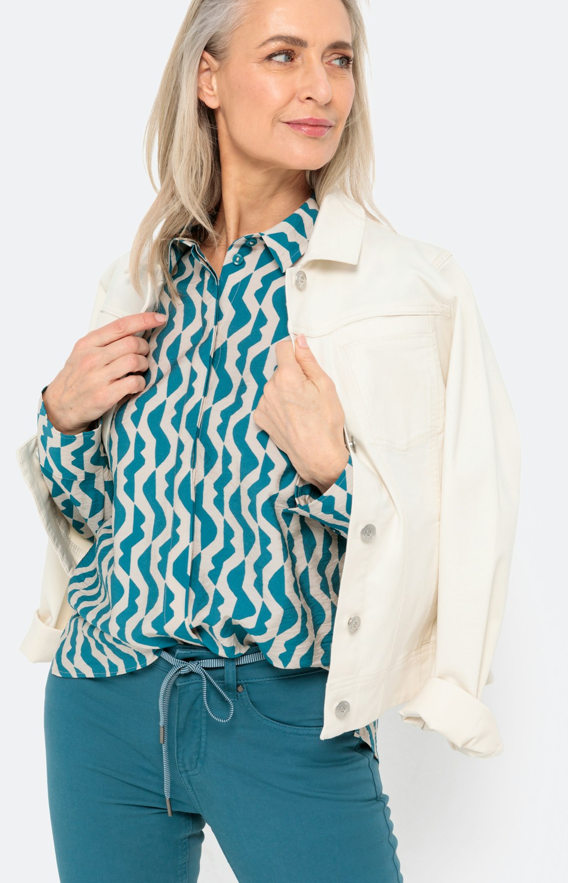 Overhemd blouse met print, turquoise wit