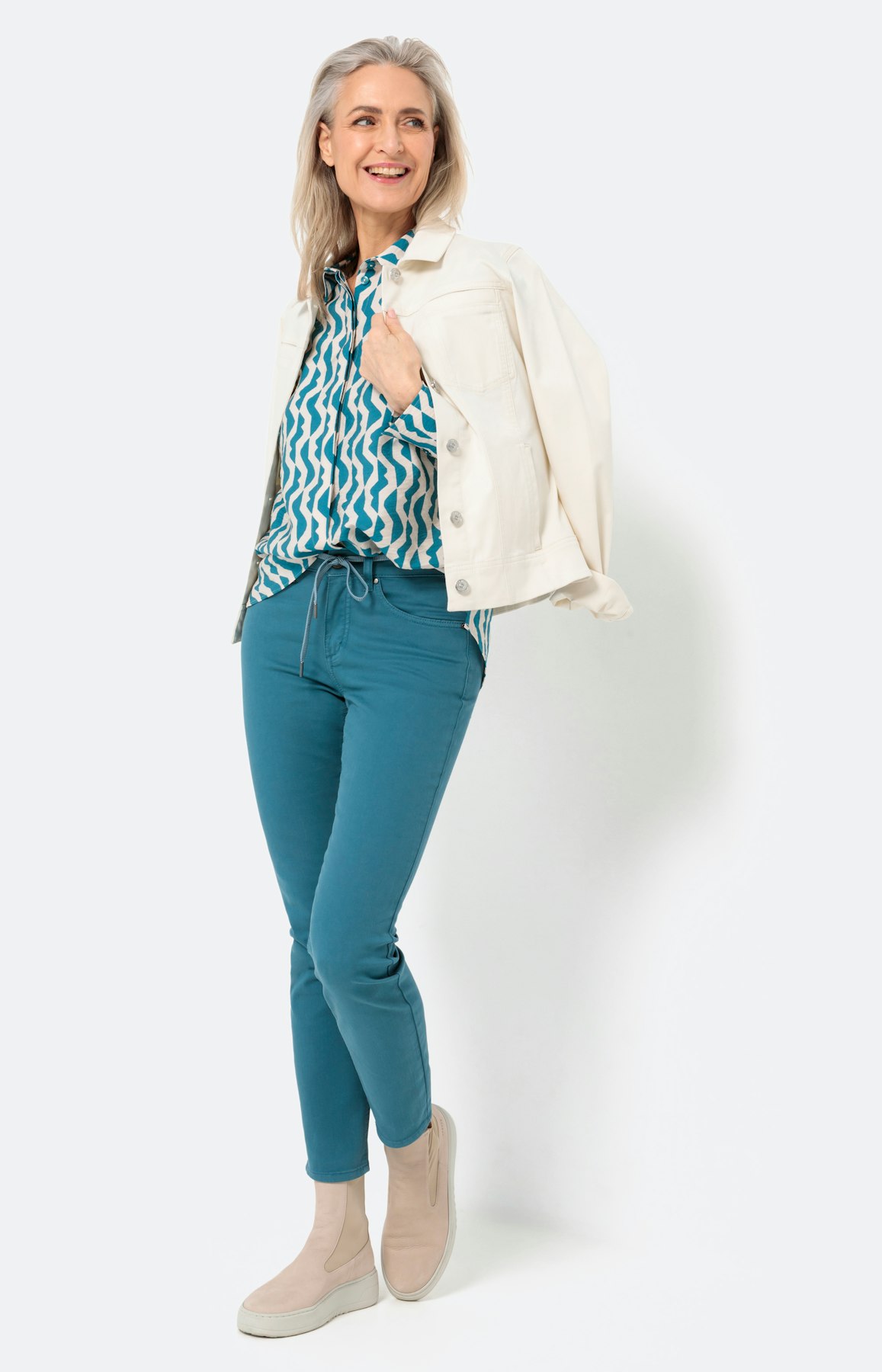 Overhemd blouse met print, turquoise wit