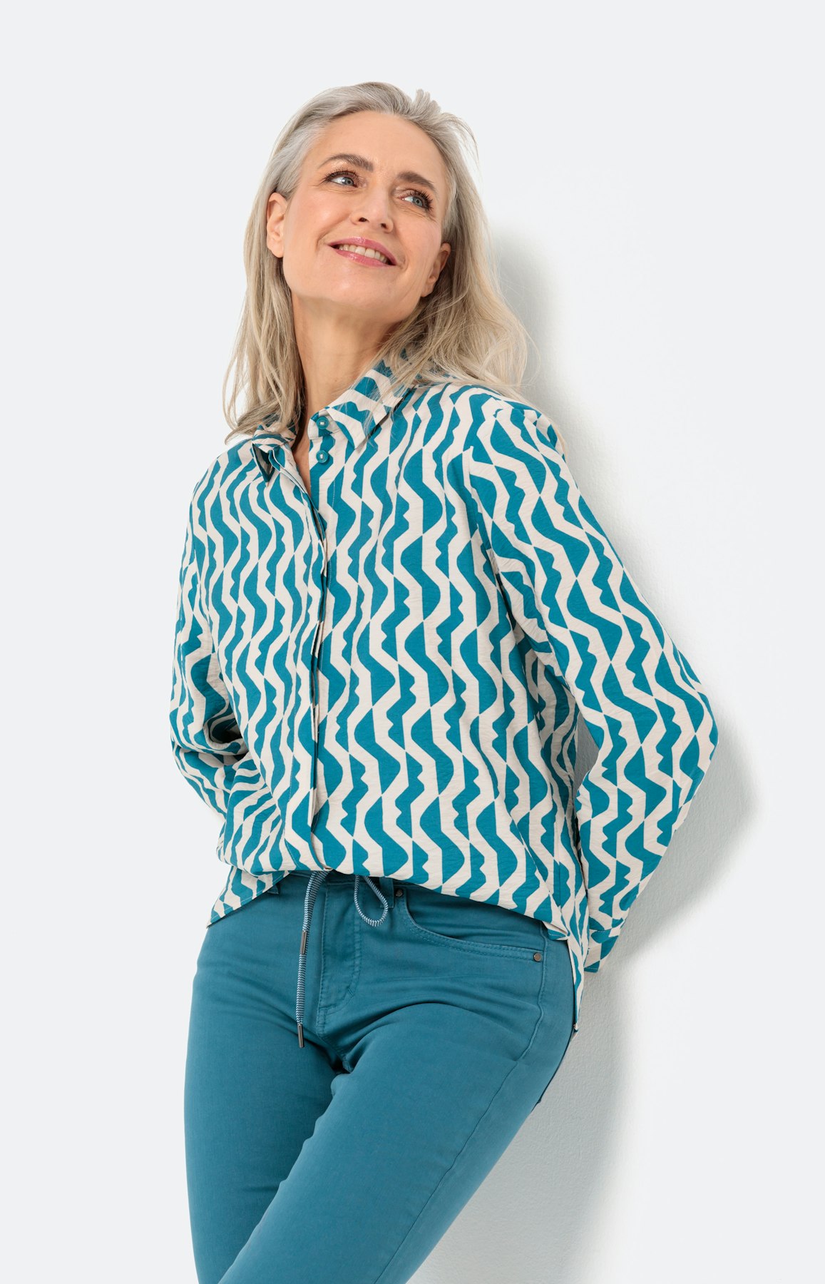 Overhemd blouse met print, turquoise wit