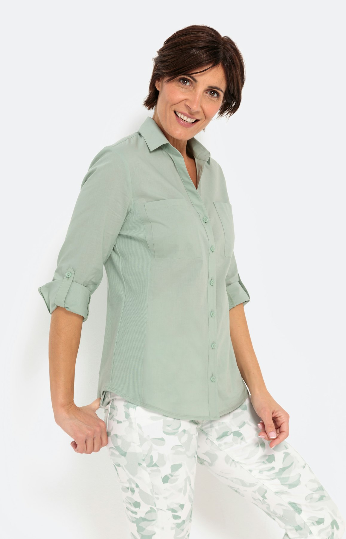 Overhemd blouse met 7/8 mouwen, salie