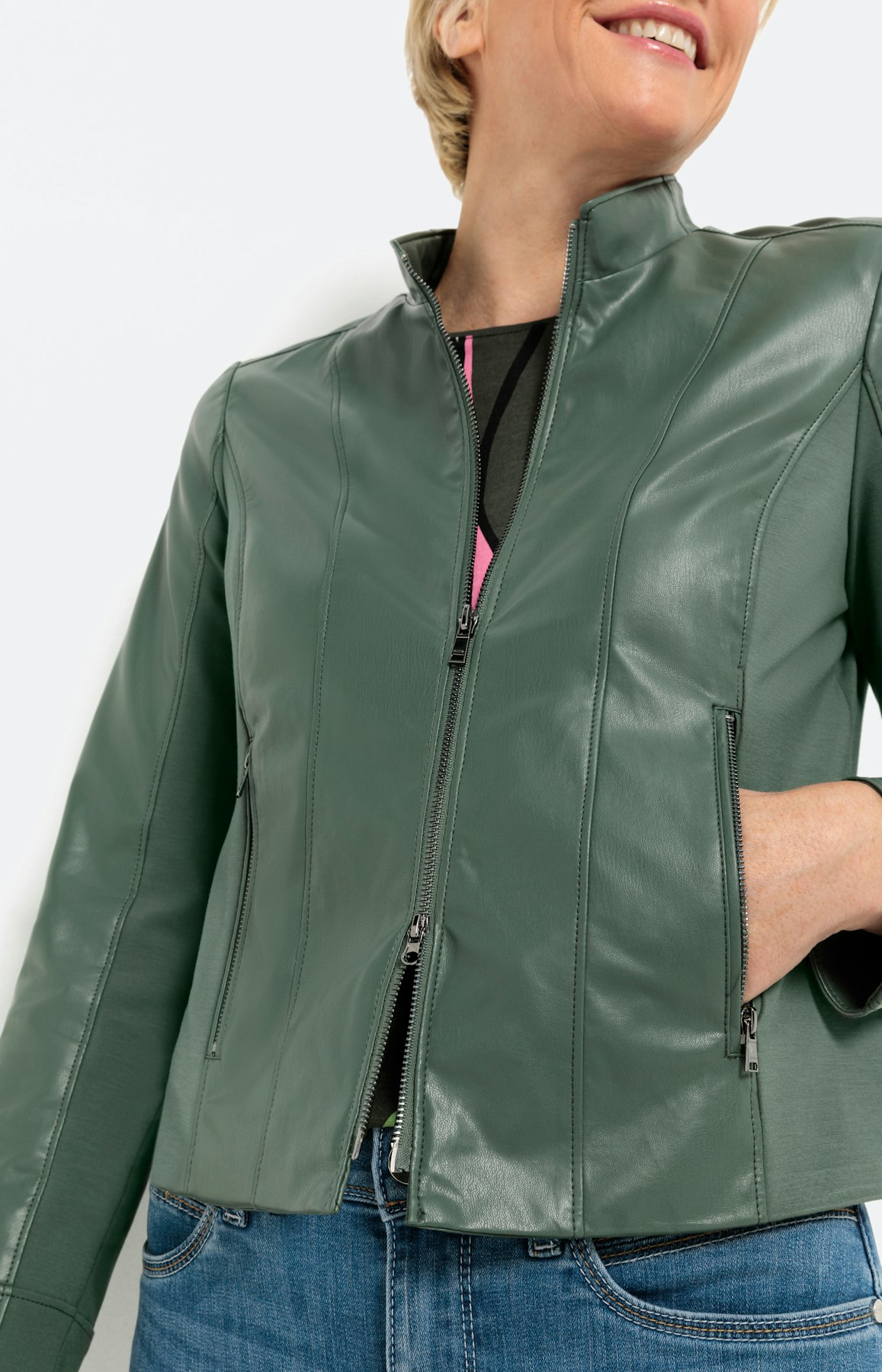 Bikerjacke in Lederoptik, dunkelgrün