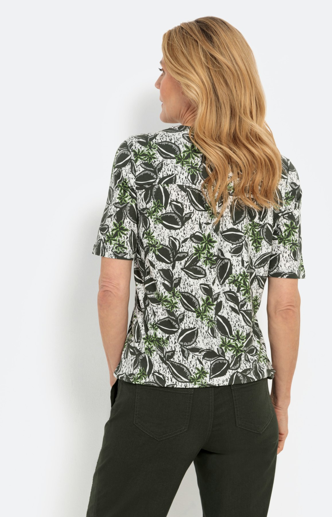 T-shirt met bladerprint, khaki