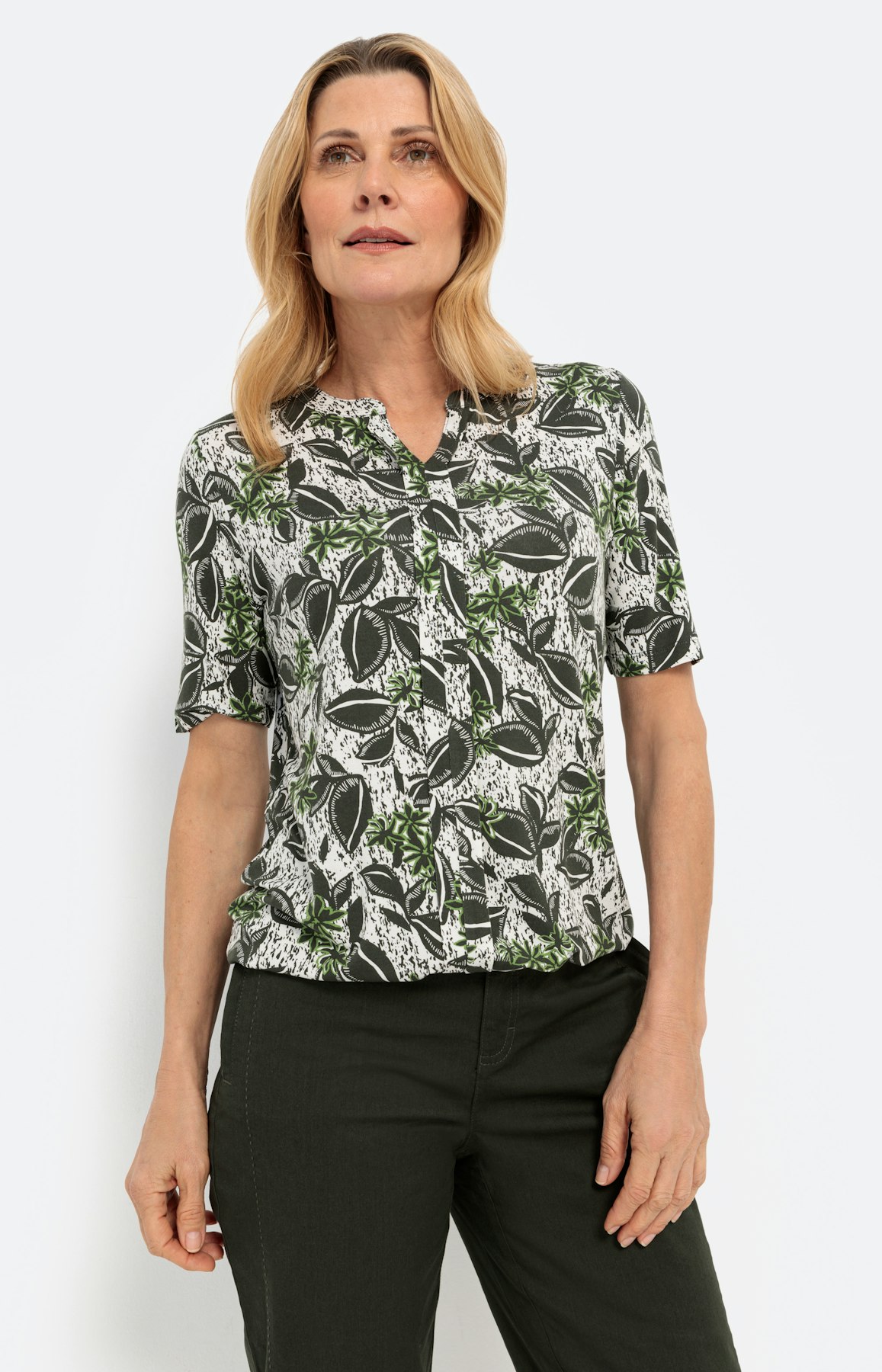 T-shirt met bladerprint, khaki