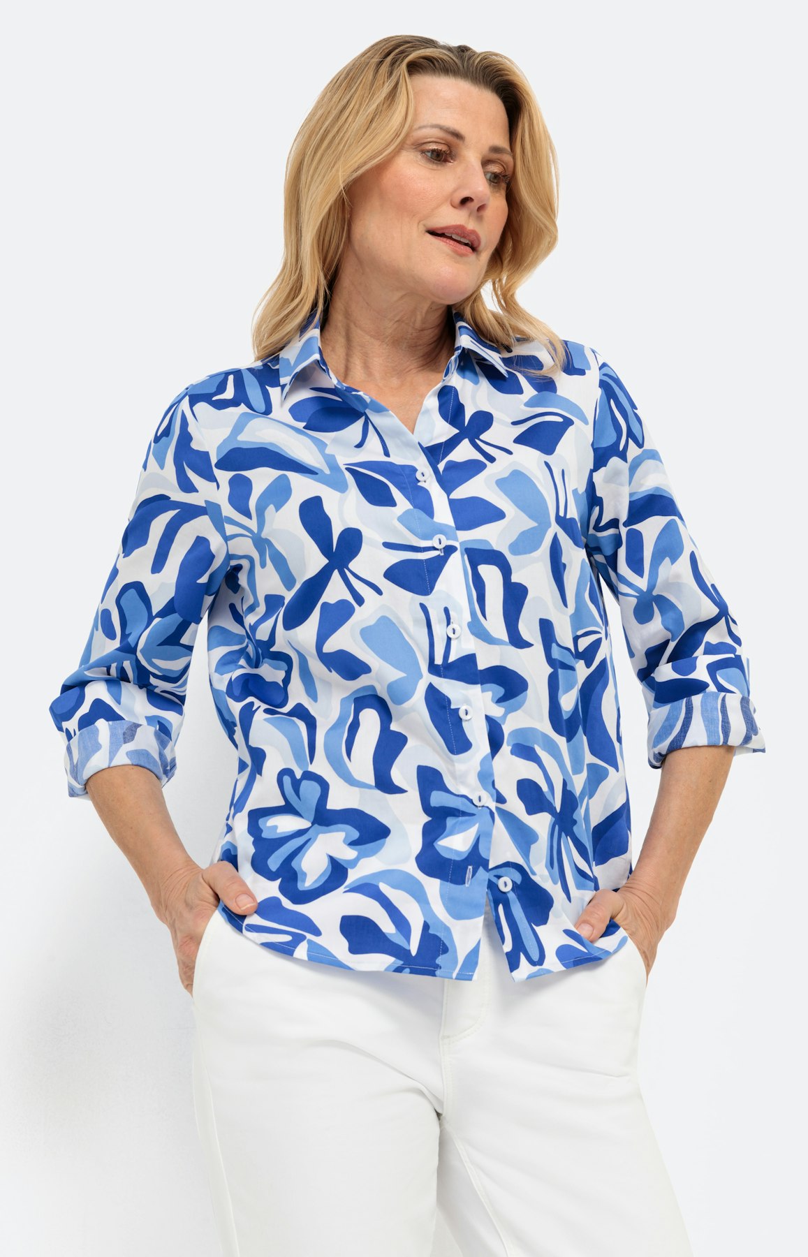 Overhemdblouse met bloemmotief, blauw
