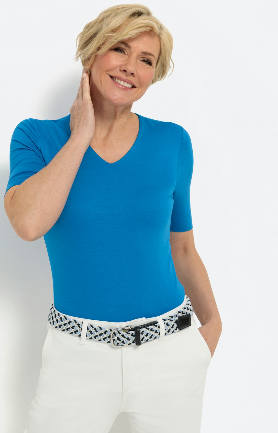 Basic T-Shirt mit V-Ausschnitt, blau