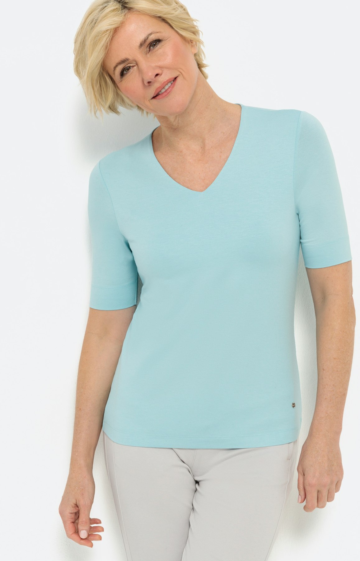 Basis Shirt mit V-Ausschnitt, türkis