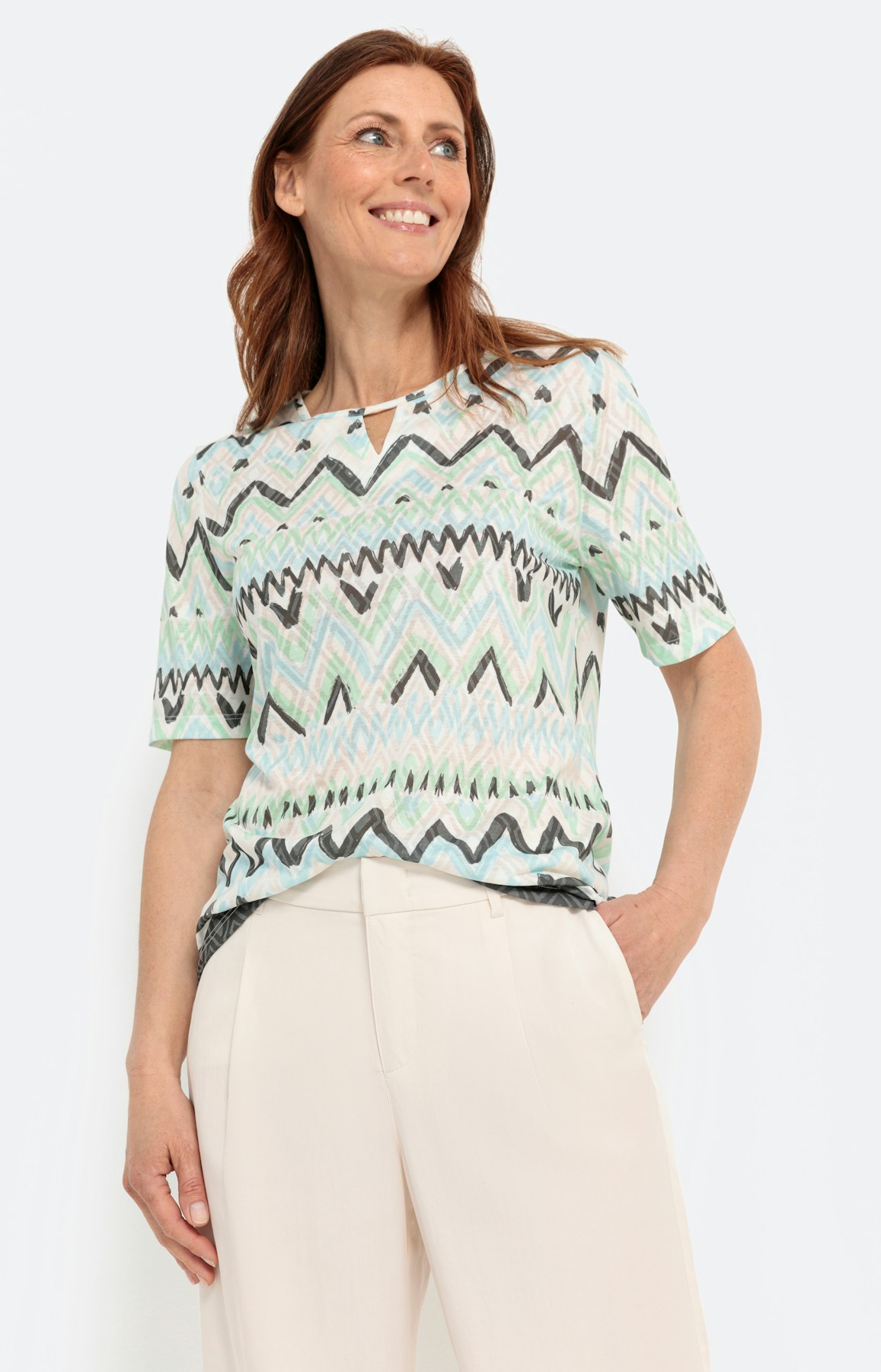 T-shirt met zigzagmotief, khaki groen