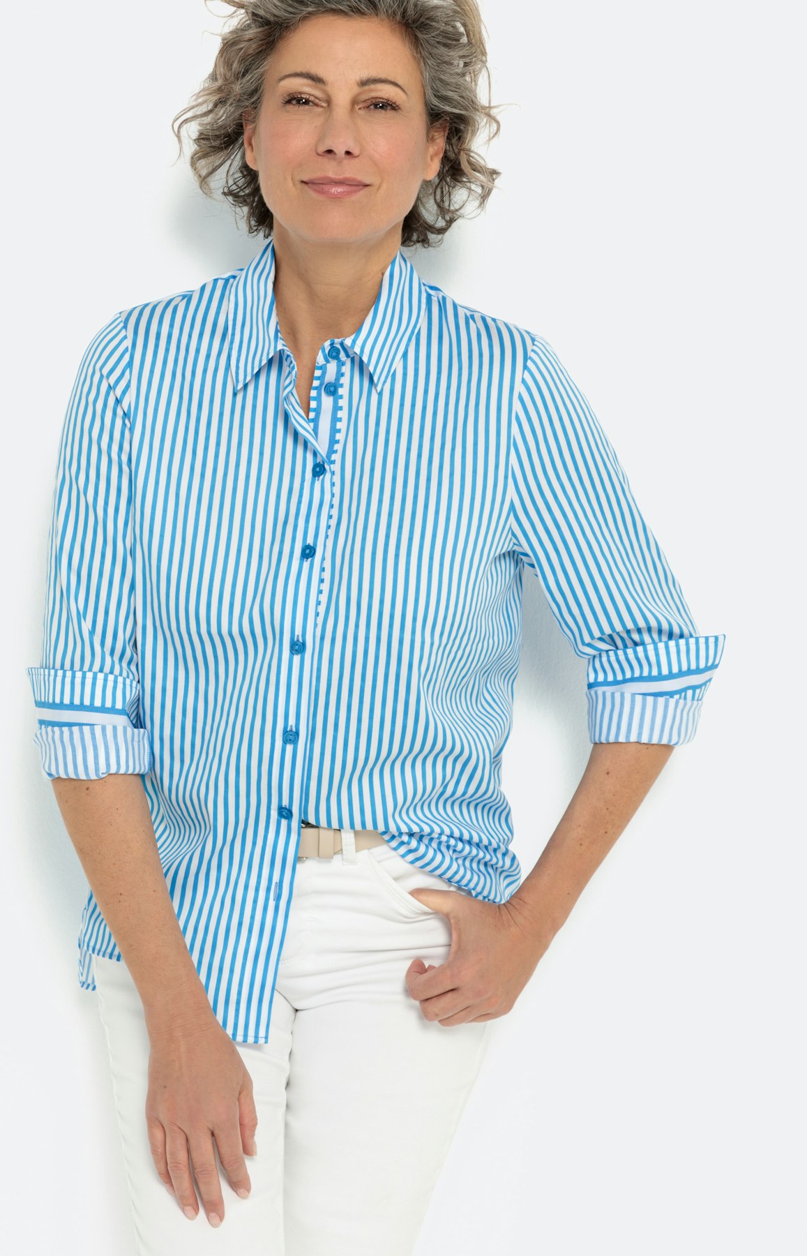 Overhemdblouse met streepen, turquoise