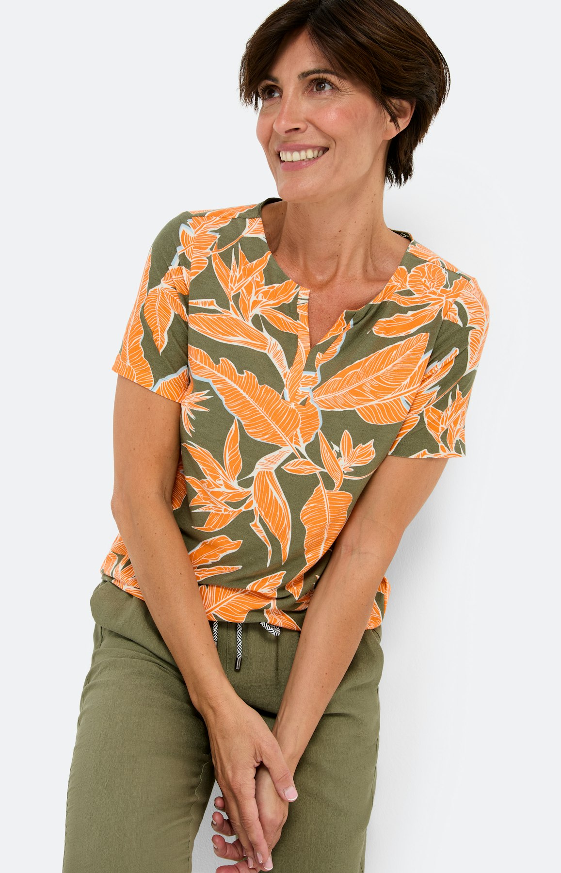 T-shirt met tropical print, khaki orange