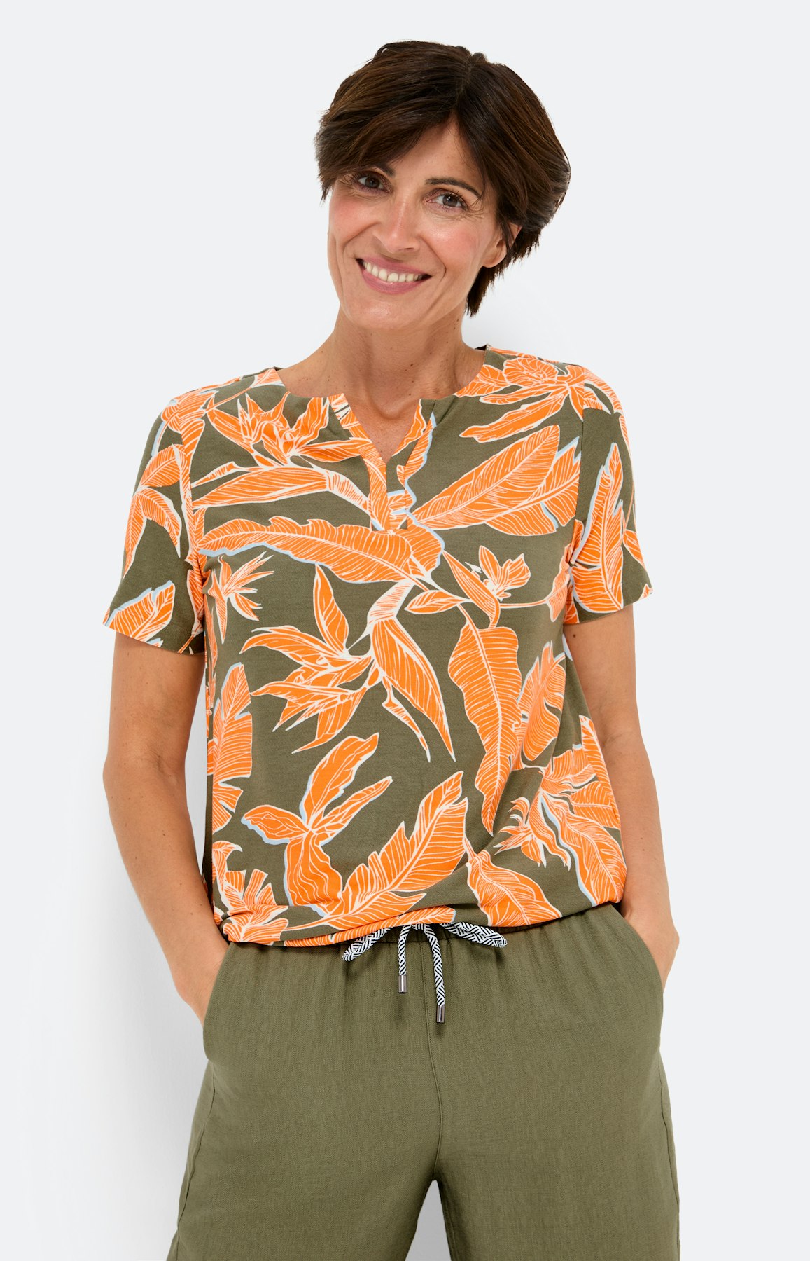 T-shirt met tropical print, khaki orange
