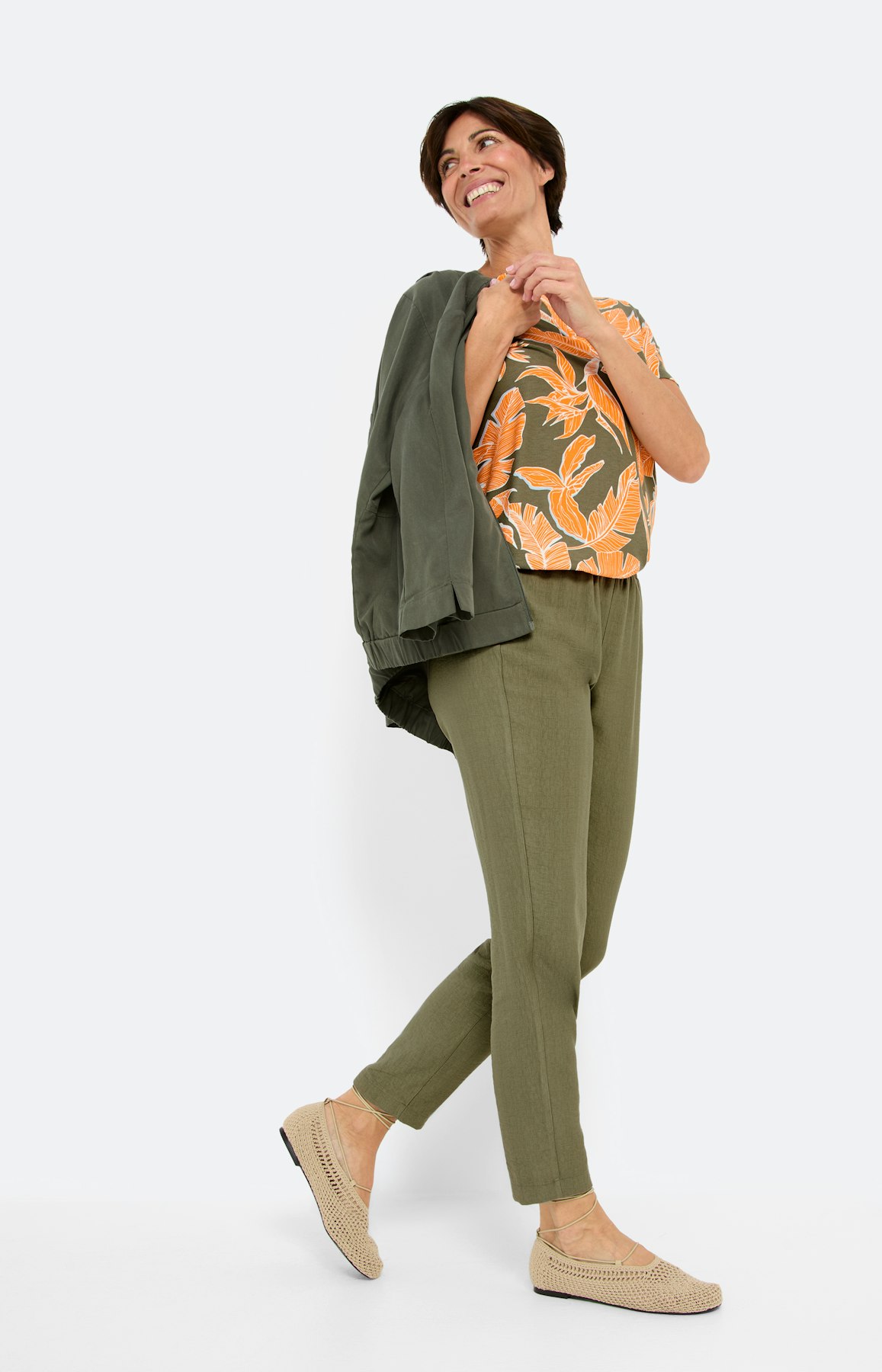 T-shirt met tropical print, khaki orange