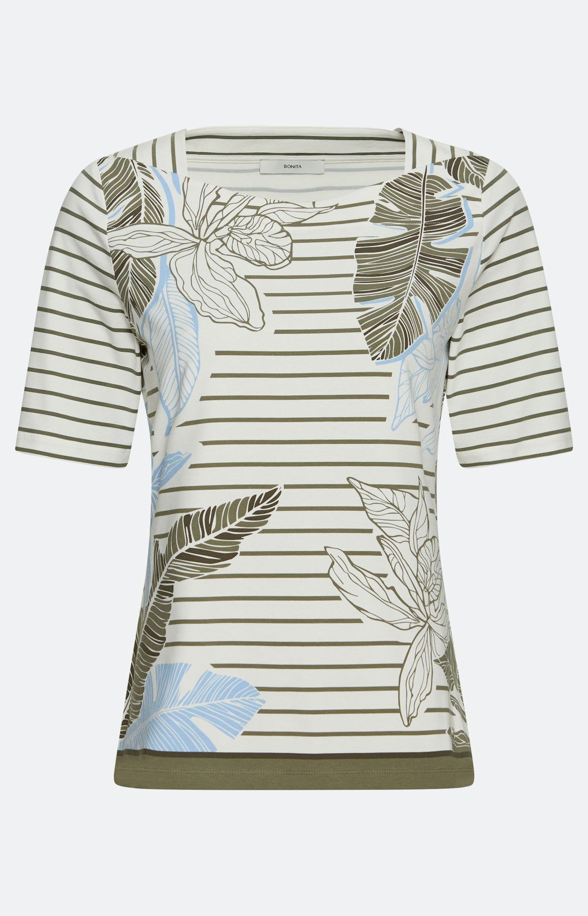 Strepen t-shirt met bladeren, khaki